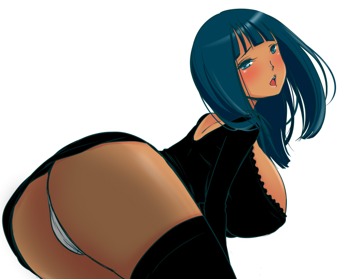 noroken, nico robin, one piece, bad id, bad pixiv id, 1girl, ass, blue eyes, blue hair, blush, breasts, female focus, huge breasts, large breasts, matching hair/eyes, panties, pantyshot, simple background, solo, thighhighs, underwear, white panties