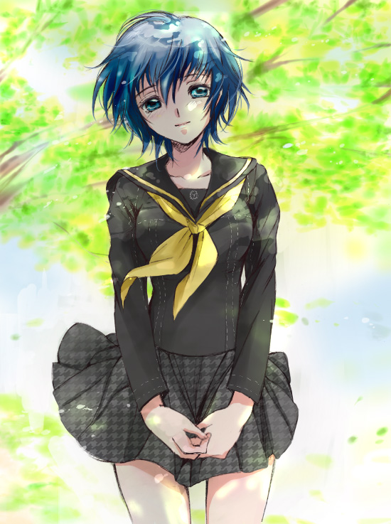 akina tsukako, shirogane naoto, atlus, persona, persona 4, 1girl, blue eyes, blue hair, female focus, houndstooth, matching hair/eyes, school uniform, serafuku, short hair, skirt, smile, solo, tree, unmoving pattern, wind, wind lift