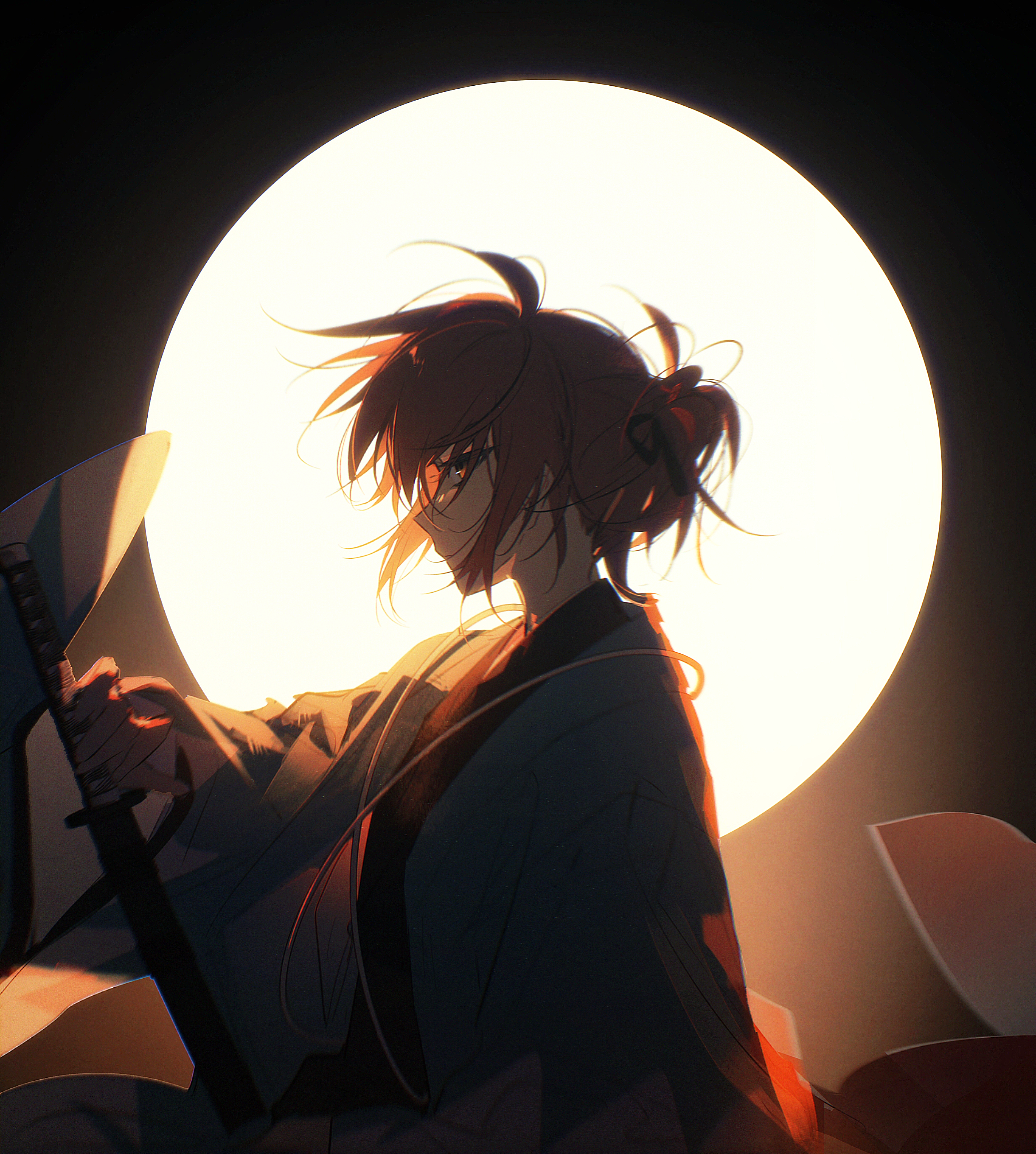 fujimaru ritsuka (female), fate/grand order, fate (series), absurdres, highres, 1girl, ahoge, backlighting, black kimono, blue haori, drawing sword, haori, holding, holding sword, holding weapon, japanese clothes, katana, kimono, long sleeves, looking at viewer, orange eyes, orange hair, ponytail, profile, shinsengumi, solo, sword, upper body, weapon, xiangbei528