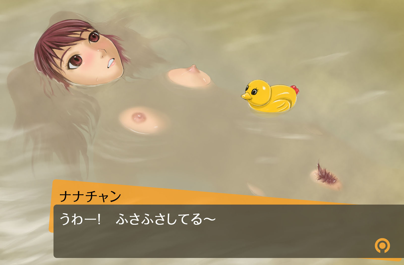 mimura kaoru, kujikawa rise, atlus, persona, persona 4, highres, translated, 1girl, bath, bird, blush, breasts, duck, fake screenshot, female focus, female pubic hair, lips, long hair, nipples, nude, partially submerged, pubic hair, pussy, pussy peek, red eyes, red hair, rubber duck, small breasts, solo, twintails, visual novel, water, wet