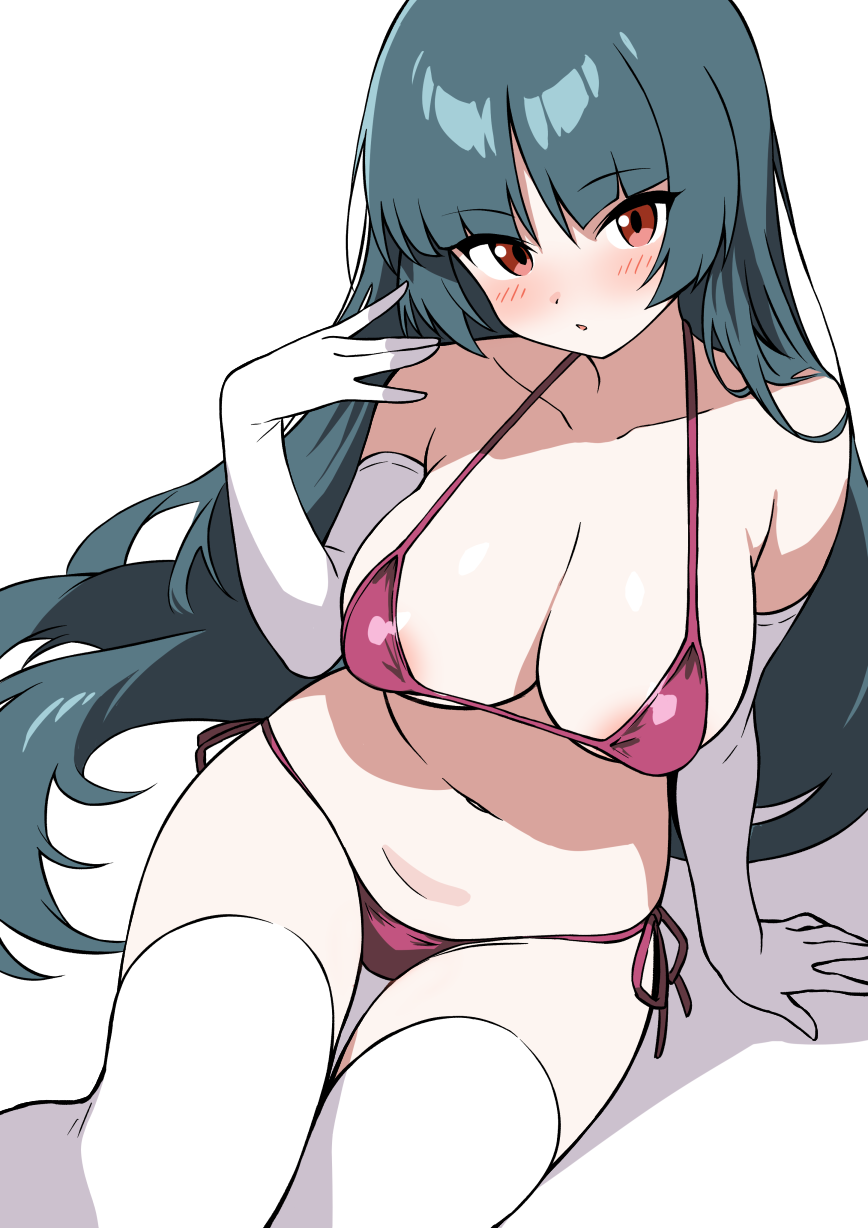 ecgg (tsuji418477), sabrina (pokemon), nintendo, pokemon, pokemon frlg, highres, 1girl, areola slip, arm rest, bikini, black hair, blush, breasts, collarbone, elbow gloves, gloves, hand up, large breasts, looking at viewer, micro bikini, navel, red bikini, red eyes, simple background, sitting, solo, stomach, swimsuit, thighhighs, white background, white gloves, white thighhighs