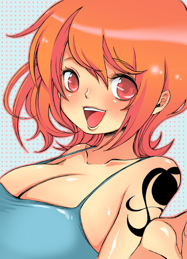 noroken, nami (one piece), one piece, bad id, bad pixiv id, 1girl, breasts, cleavage, female focus, matching hair/eyes, orange eyes, orange hair, short hair, smile, solo, spaghetti strap, tank top, tattoo