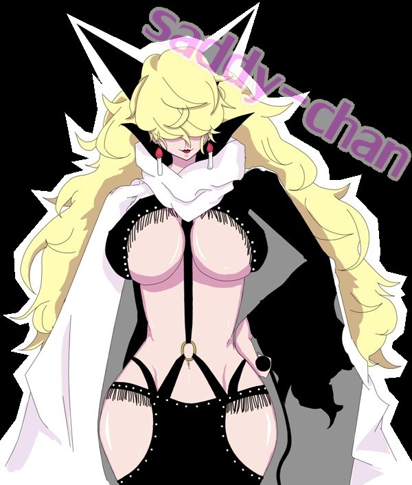 neko nuko, sadi-chan, one piece, 1girl, between breasts, blonde hair, breasts, candle, cleavage, cloak, earrings, female focus, fringe trim, hair over eyes, horns, jewelry, large breasts, long hair, revealing clothes, solo, underboob, whip