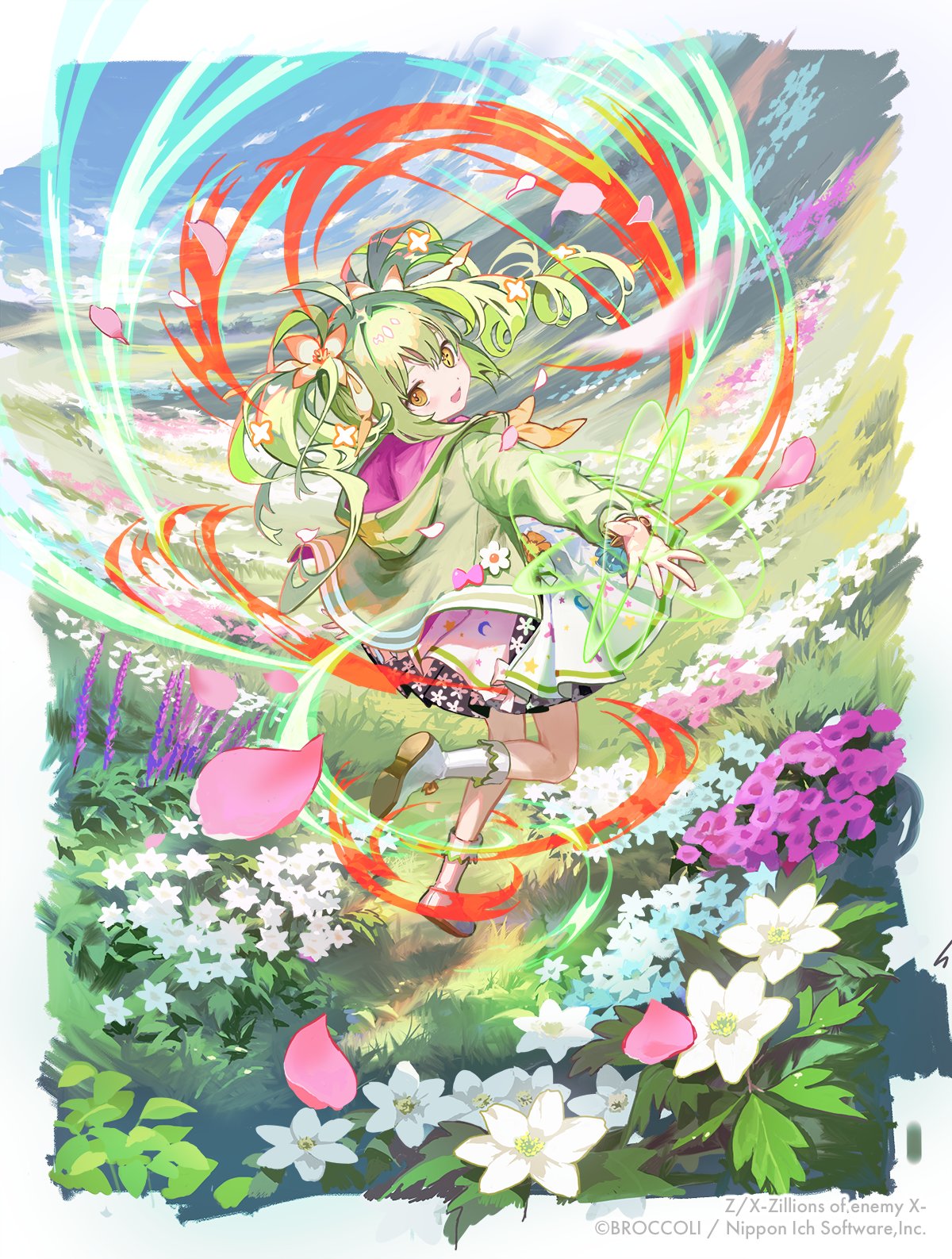 kouka (mrakano5456), z/x, highres, official art, 1girl, boots, copyright notice, domeki kisara, energy ring, floating hair, flower, green hair, green jacket, hair flower, hair ornament, hood, hooded jacket, jacket, looking back, meadow, open mouth, outdoors, pink flower, pink petals, skirt, solo, standing, standing on one leg, twintails, white boots, white flower, yellow eyes