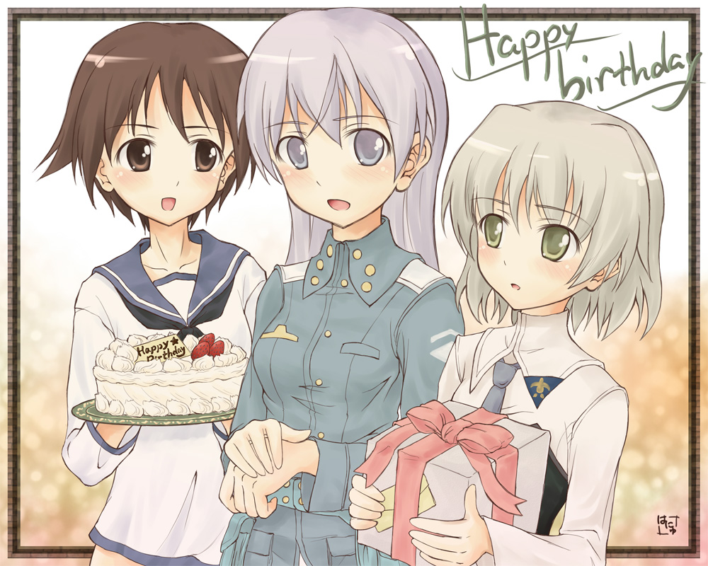 eila ilmatar juutilainen, miyafuji yoshika, sanya v. litvyak, hanyu, strike witches, world witches series, silver hair, 00s, 3girls, birthday, blue eyes, blush, bottomless, brown eyes, brown hair, cake, english text, food, gift, green eyes, holding, holding gift, long hair, military, military uniform, multiple girls, open mouth, pastry, purple eyes, purple hair, short hair, signature