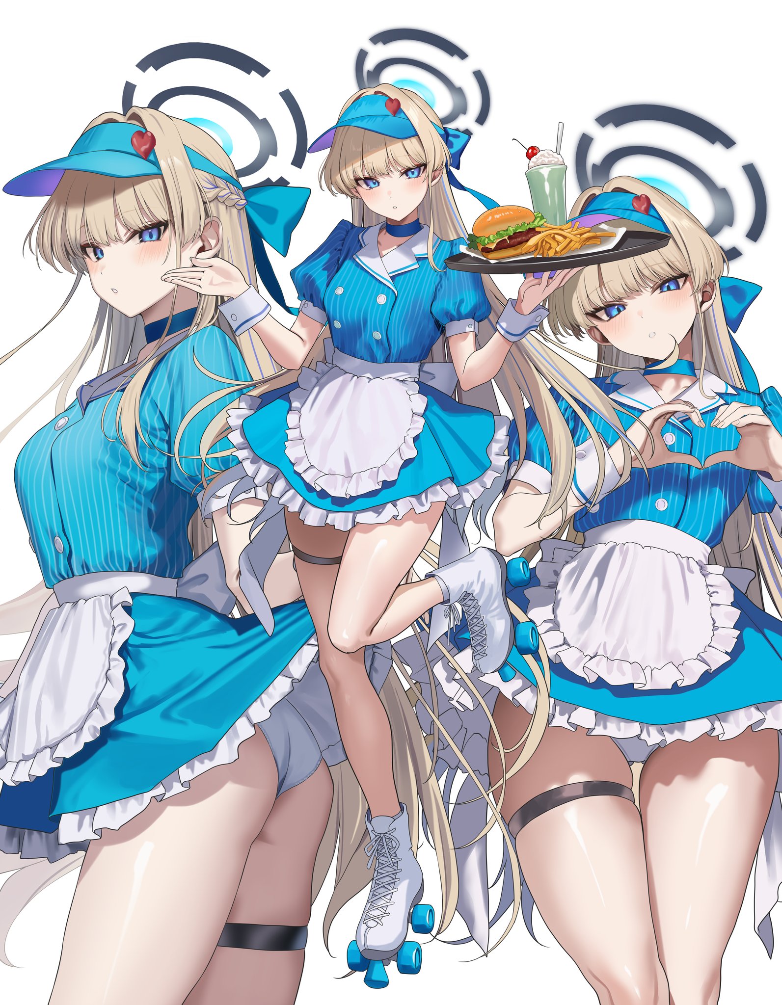 hidis0086, toki (blue archive), blue archive, highres, 1girl, apron, blonde hair, blue bow, blue dress, blue eyes, blue hair, blue halo, blue hat, blush, bow, braid, breasts, burger, choker, collarbone, dress, food, french fries, frilled skirt, frills, full body, hair bow, half up braid, halo, hat, heart, heart hands, holding, holding tray, ice cream, long hair, looking at viewer, maid apron, medium breasts, multicolored hair, panties, pantyshot, parted lips, puffy short sleeves, puffy sleeves, roller skates, short sleeves, skates, skirt, solo, streaked hair, thigh strap, tray, underwear, very long hair, visor cap, white background, white panties, wrist cuffs