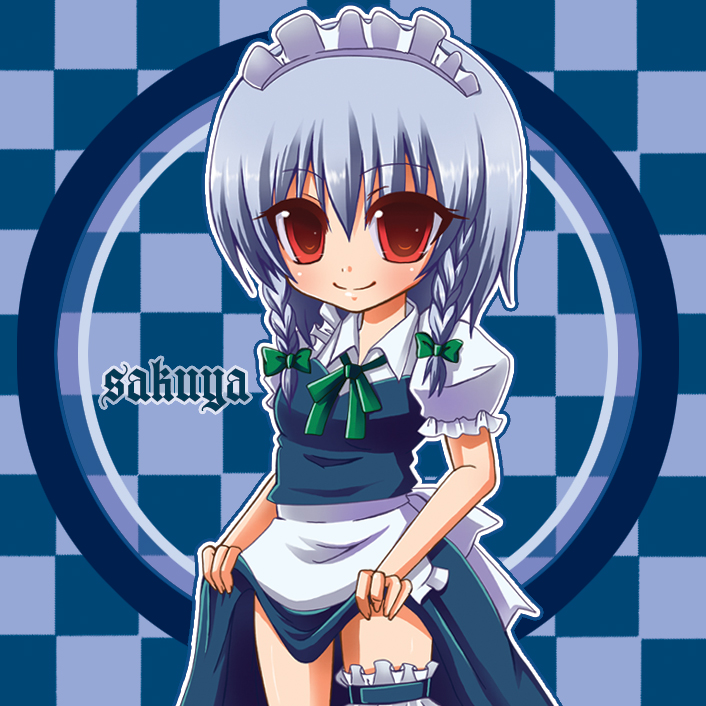 nonoko, yuuka nonoko, izayoi sakuya, touhou, silver hair, bad id, bad pixiv id, 1girl, braid, dress, female focus, maid, red eyes, short hair, solo, twin braids