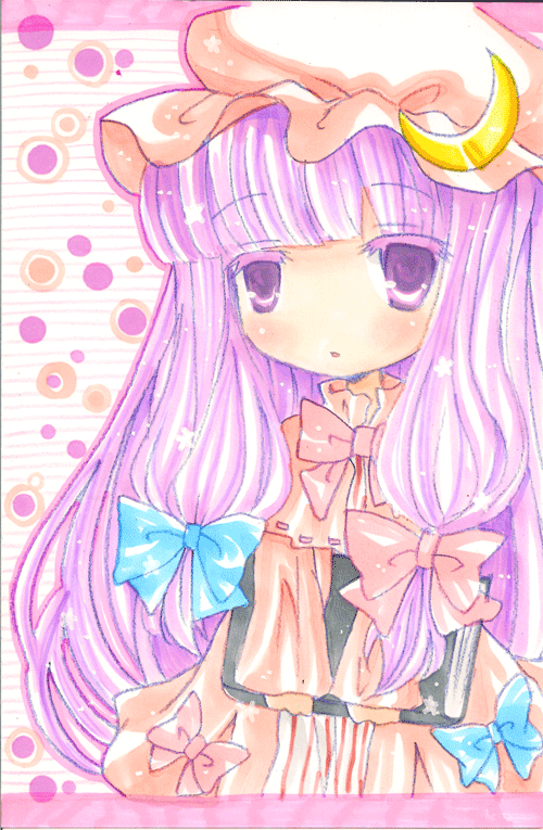 emo (artist), emo (mikan), patchouli knowledge, touhou, bad id, bad pixiv id, 1girl, blue bow, blunt bangs, blush, book, bow, crescent, crescent hat ornament, crescent moon, expressionless, female focus, frills, grimoire, hair bow, hat, hat ornament, long hair, long sleeves, looking at viewer, mob cap, moon, pink bow, purple eyes, purple hair, red bow, solo