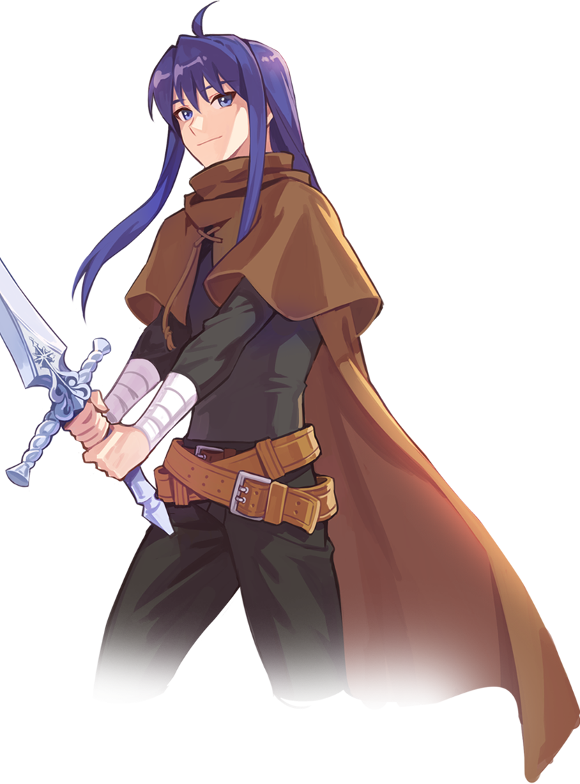 boris jinneman, nexon, tales weaver, artist request, official art, second-party source, 1boy, ahoge, arm wrap, belt, black pants, black shirt, black sleeves, blue eyes, brown belt, brown cape, brown capelet, cape, capelet, closed mouth, cross-laced capelet, crossed belts, drawstring, holding, holding sword, holding weapon, legs apart, long hair, long sidelocks, looking at viewer, male focus, multiple belts, pants, shirt, sidelocks, simple background, smile, solo, standing, straight hair, sword, transparent background, turtleneck, turtleneck capelet, weapon