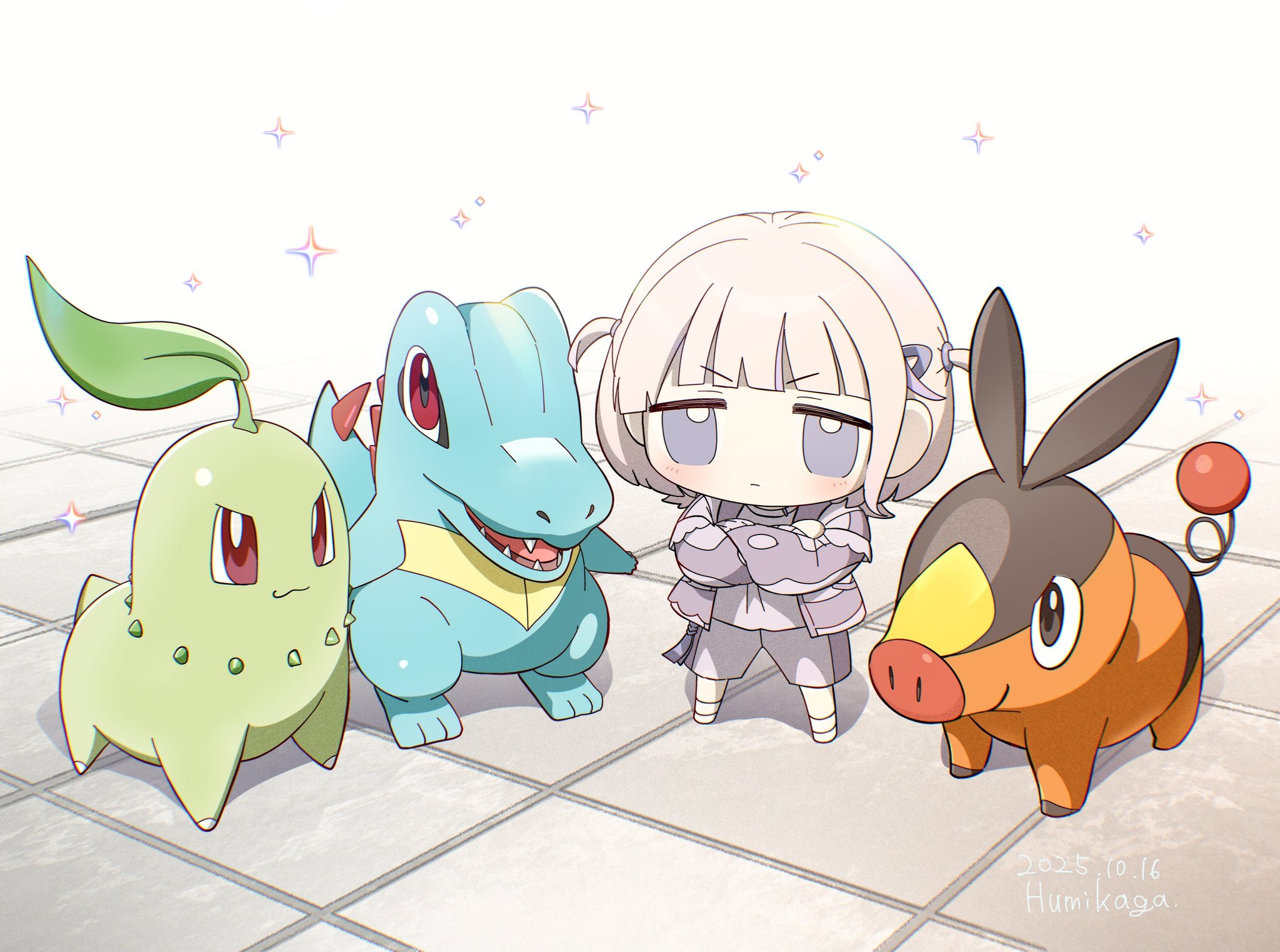 chikorita, tepig, todoroki hajime, todoroki hajime (1st costume), totodile, hololive, hololive dev is, nintendo, pokemon, pokemon legends: z-a, commentary request, highres, 1girl, bancho (todoroki hajime), blonde hair, blue skin, chibi, closed mouth, colored skin, crossed arms, gen 2 pokemon, gen 5 pokemon, humi kaga, leaf, long sleeves, looking at viewer, multicolored hair, pokemon (creature), purple eyes, purple hair, red eyes, sharp teeth, short hair, sparkle, standing, starter pokemon trio, streaked hair, teeth, two side up, virtual youtuber