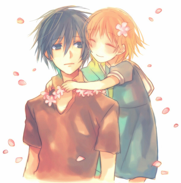 hani (udauda), okazaki tomoya, okazaki ushio, clannad, bad id, bad pixiv id, 00s, age difference, blue eyes, blue hair, brown hair, closed eyes, dress, father and daughter, flower, flower necklace, hug, lei, sailor, sailor dress, short hair