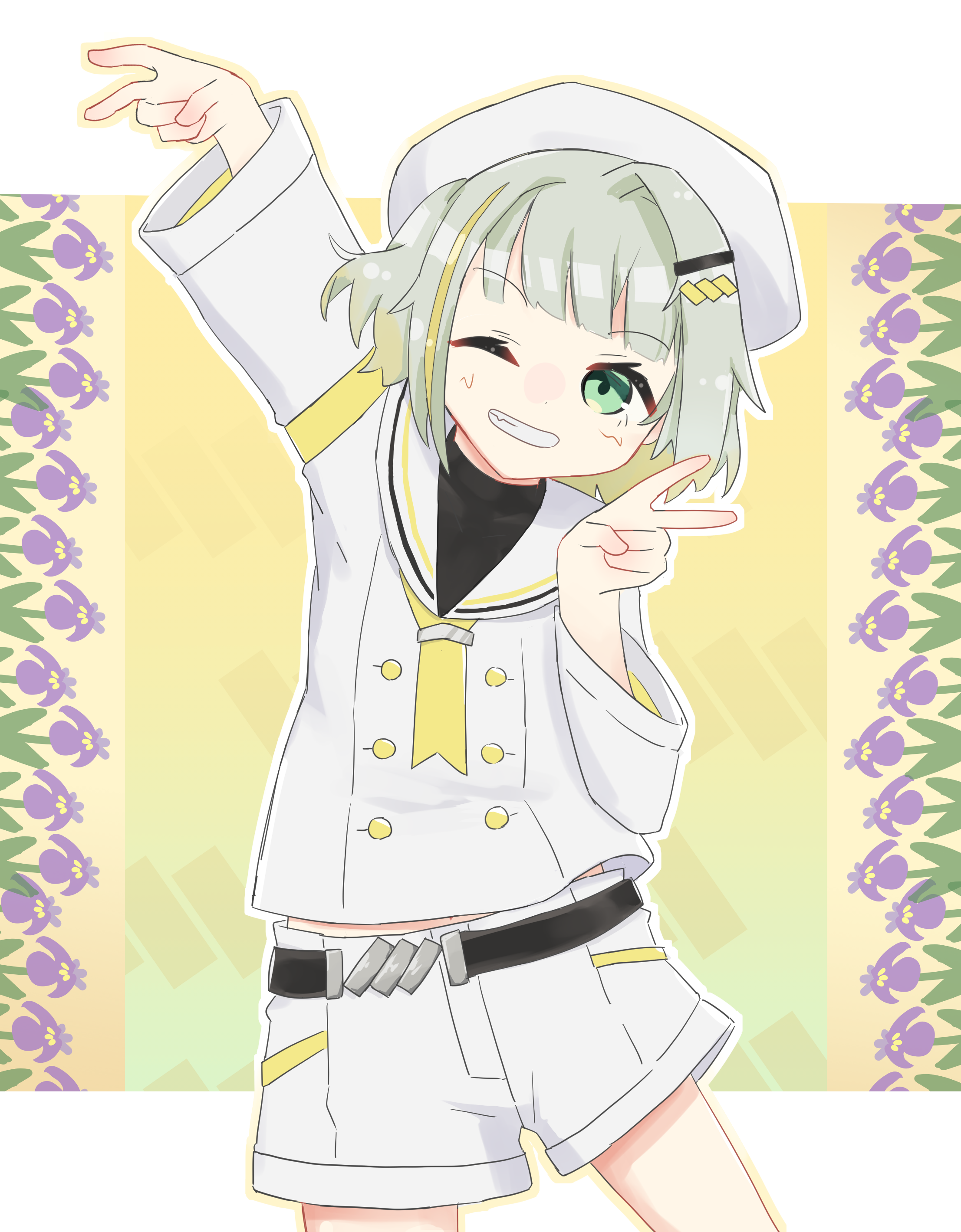 tsunose kotone, tsunose kotone (tsubomi), a.i. voice, absurdres, highres, variant set, 1girl, arm up, armband, belt, blonde hair, blonde streaks, blunt bangs, buttons, colored inner hair, cowboy shot, double-breasted, double v, floral background, green eyes, green hair, grin, hair ornament, hairclip, hat, letterboxed, midriff peek, multicolored hair, necktie, one eye closed, outline, sailor collar, sailor hat, shirt, short hair, shorts, single hair intake, smile, solo, streaked hair, tobey, undershirt, v, white hat, white sailor collar, white shirt, white shorts, yellow armband, yellow background, yellow necktie