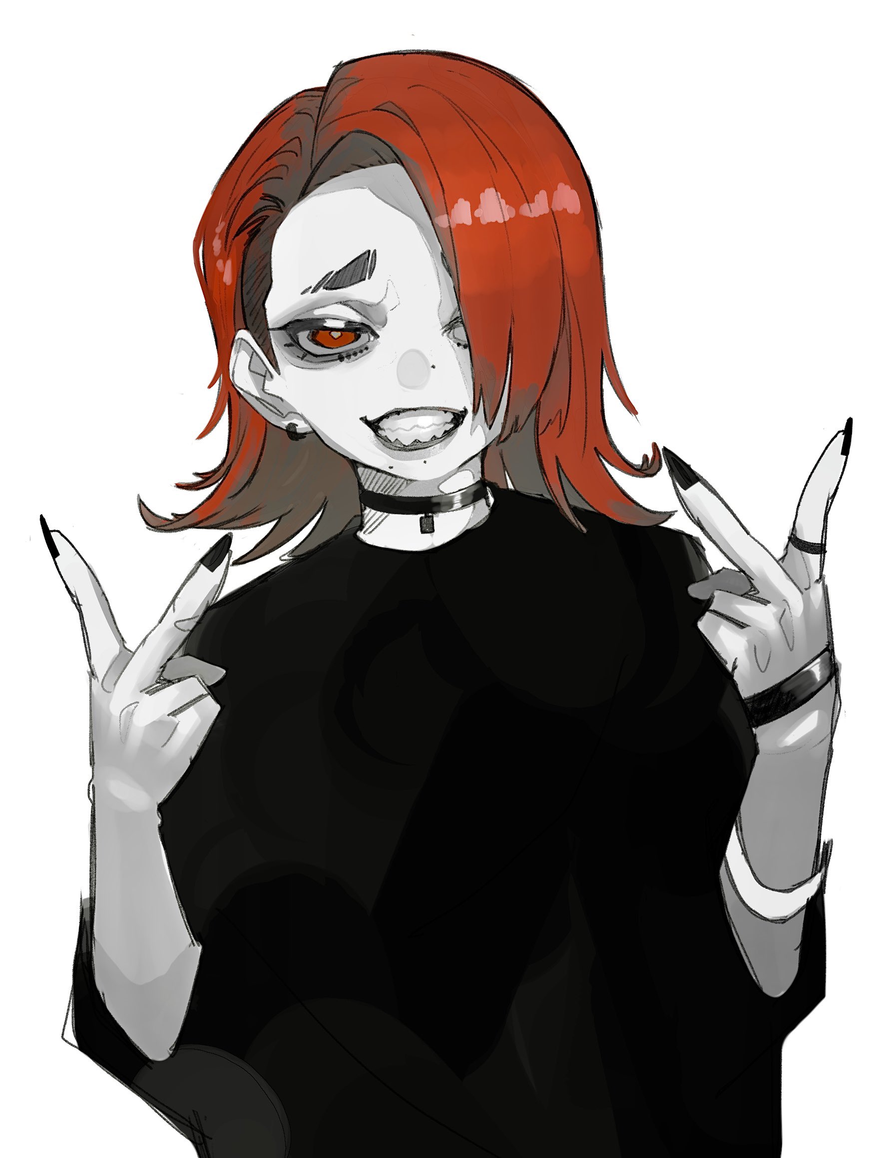 2687 nirvana, real life, highres, 1girl, black choker, black nails, black shirt, choker, clenched teeth, colored skin, double v, earrings, fingernails, goth fashion, grin, hair over one eye, jewelry, long hair, nail polish, one eye covered, red eyes, red hair, ring, sharp fingernails, shirt, simple background, smile, solo, teeth, urana kei (person), v, white background, white skin