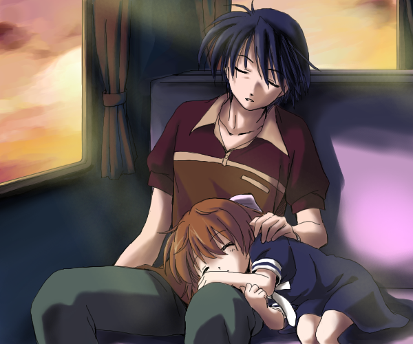 kanou ryuuji, okazaki tomoya, okazaki ushio, clannad, bad id, bad pixiv id, 00s, 1boy, 1girl, age difference, blouse, blue eyes, brown hair, closed eyes, father and daughter, lap pillow, red shirt, shirt, short hair, sitting, sleeping, train, train interior