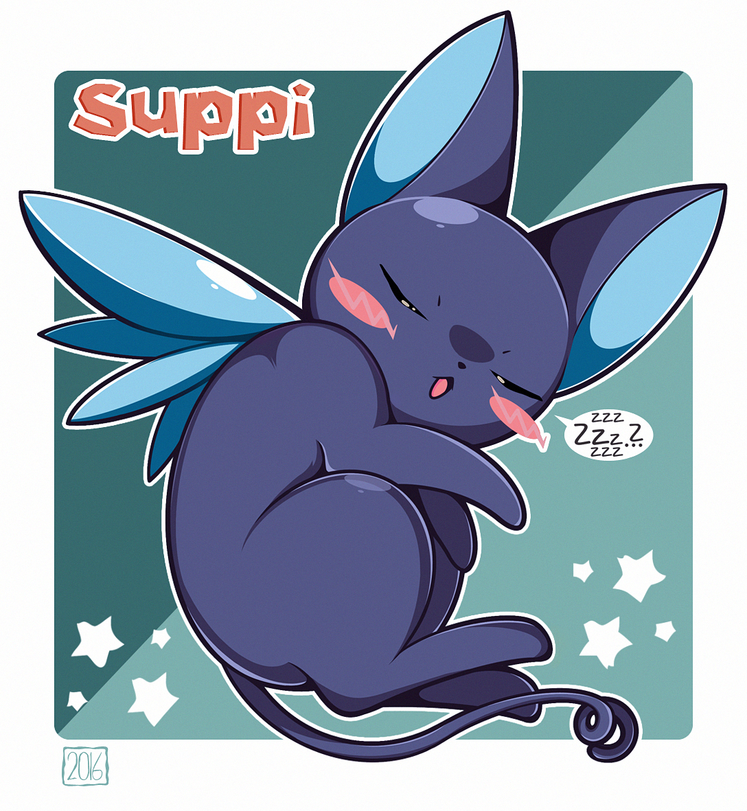 woofzilla, suppi, cardcaptor sakura, animal focus, border, cat, character name, closed eyes, full body, no humans, open mouth, signature, simple background, sleeping, solo, speech bubble, spoken zzz, star (symbol), two-tone background, white border, zzz