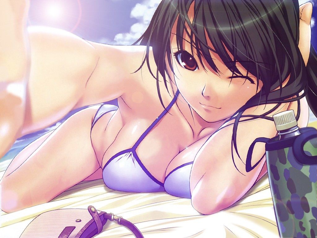 ino (magloid), 1girl, bag, bikini, black hair, breasts, brown eyes, day, female focus, large breasts, long hair, solo, swimsuit