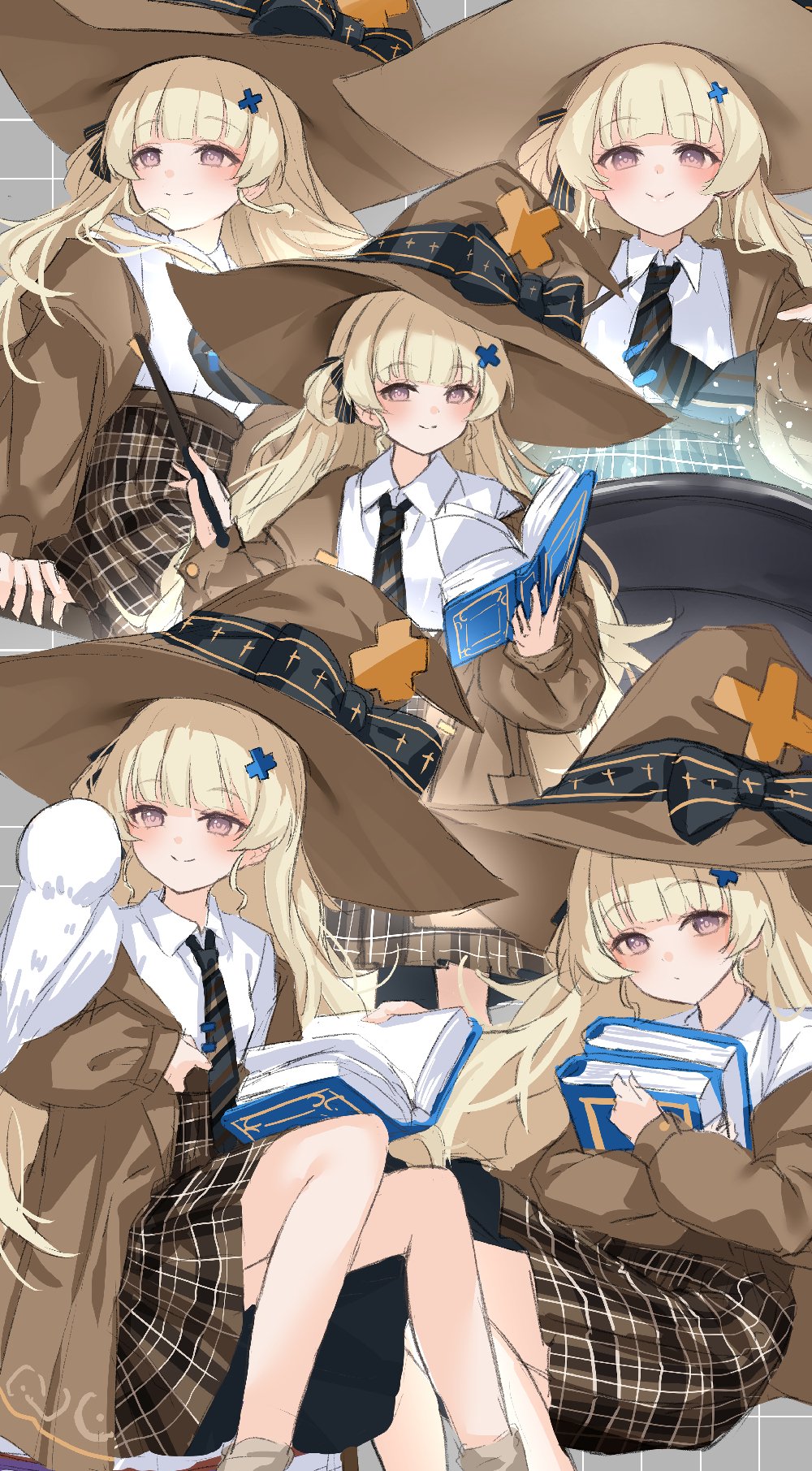 kuramoto beta-carotene, phoebe (wuthering waves), wuthering waves, commentary request, highres, 1girl, alternate costume, animal, animal on shoulder, bird, bird on shoulder, black bow, blonde hair, book, bow, brown coat, brown hat, brown skirt, closed mouth, coat, grid background, hair ornament, hat, hat bow, high-waist skirt, holding, holding book, holding wand, light blush, long hair, looking at viewer, necktie, off shoulder, purple eyes, shirt, shirt tucked in, sitting, skirt, smile, solo, striped necktie, very long hair, wand, white shirt, witch hat, x hair ornament