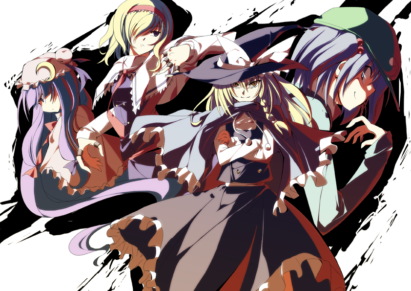 sakurame, alice margatroid, kawashiro nitori, kirisame marisa, patchouli knowledge, touhou, looking away, 4girls, blonde hair, blue hair, braid, capelet, crescent, crossed arms, female focus, hair over one eye, hair ribbon, hairband, hat, long hair, long sleeves, looking at viewer, multiple girls, neck ribbon, purple hair, ribbon, serious, short hair, side braid, sidelocks, skirt, skirt set, smirk, very long hair, witch hat