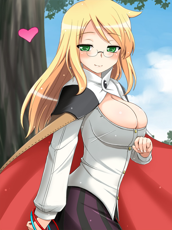 hijiri tsukasa, mage (7th dragon), vanessa (7th dragon), 7th dragon, 7th dragon (series), 1girl, blonde hair, blush, breasts, bursting breasts, cape, cleavage, female focus, glasses, green eyes, heart, large breasts, solo