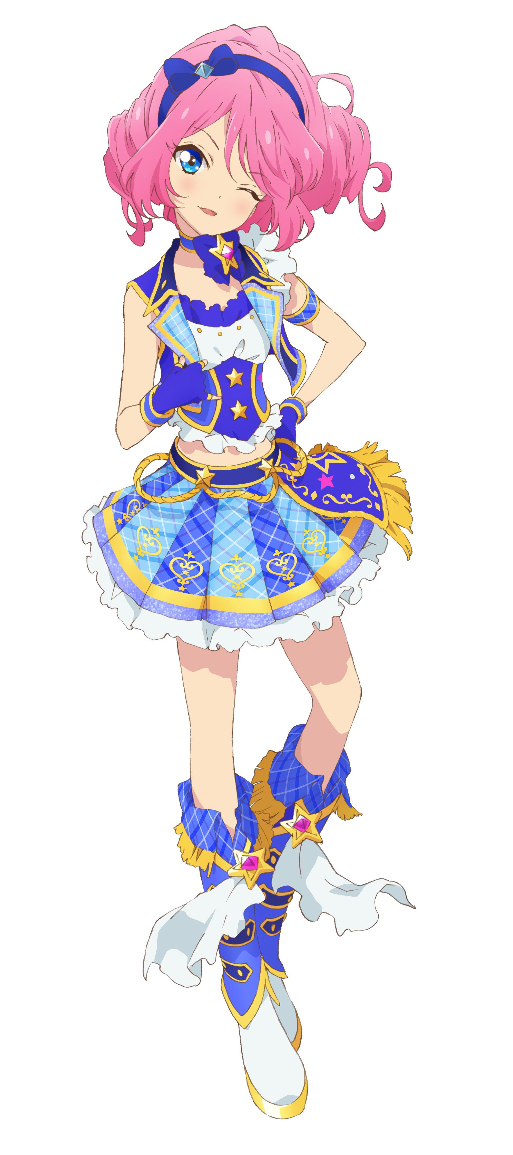 sakuraba rola, aikatsu! (series), aikatsu stars!, absurdres, highres, official art, second-party source, 1girl, blue bow, blue eyes, blue gloves, blue hairband, blue shirt, blue skirt, boots, bow, drill hair, frilled skirt, frills, full body, gloves, hair bow, hairband, looking at viewer, miniskirt, one eye closed, open mouth, pink hair, pleated skirt, shirt, simple background, skirt, smile, solo, standing, star (symbol), tachi-e, white background, white boots