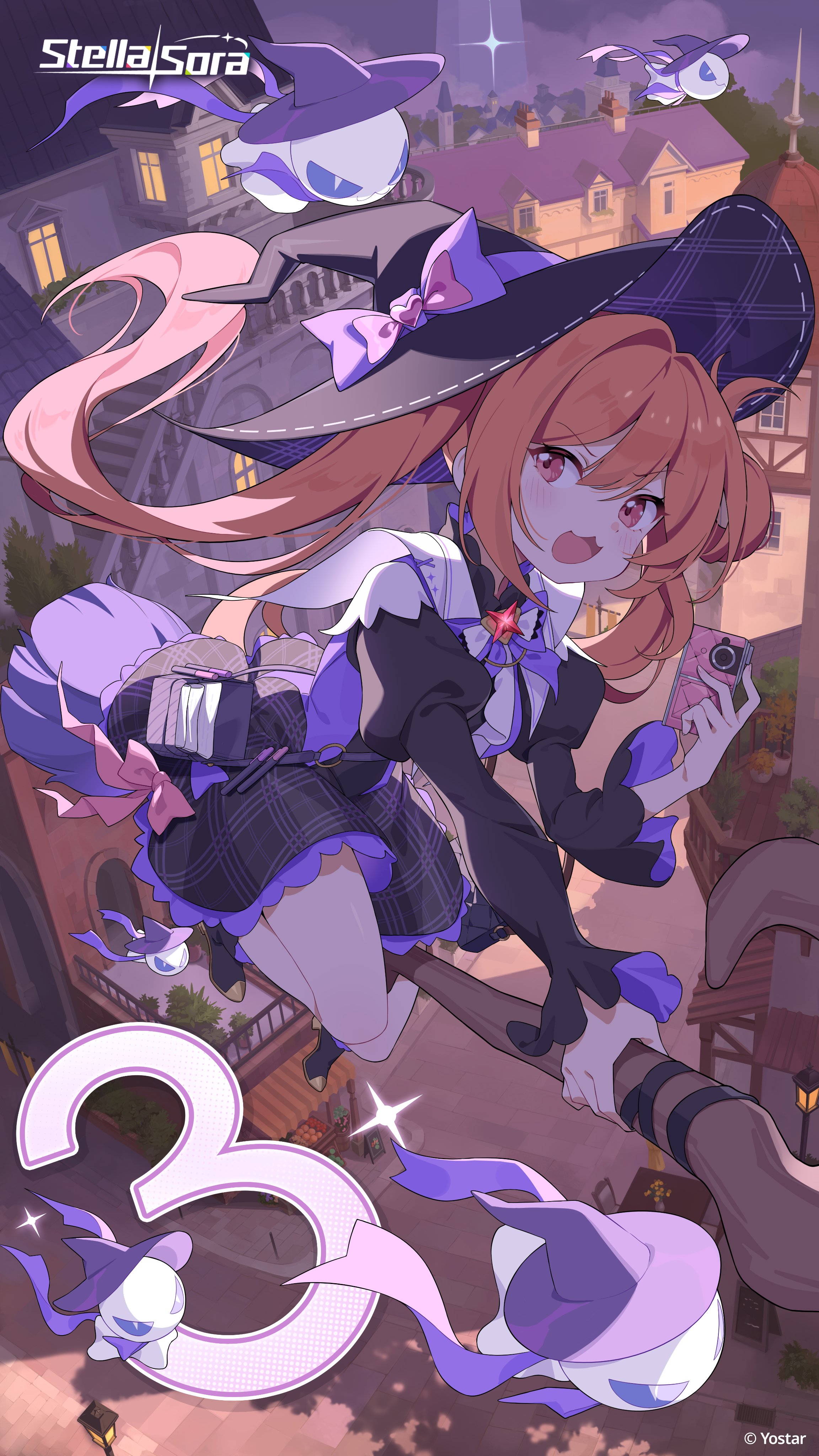 stella sora, absurdres, artist request, highres, official art, 1girl, black boots, black dress, boots, bow, bow dres, dress, flying, hat, hat bow, holding, holding phone, holding staff, juliet sleeves, long hair, long sleeves, looking at viewer, mistique (stella sora), open mouth, orange hair, outdoors, phone, pink bow, puffy sleeves, purple bow, purple hair, red eyes, smile, solo, staff, very long hair, witch, witch hat