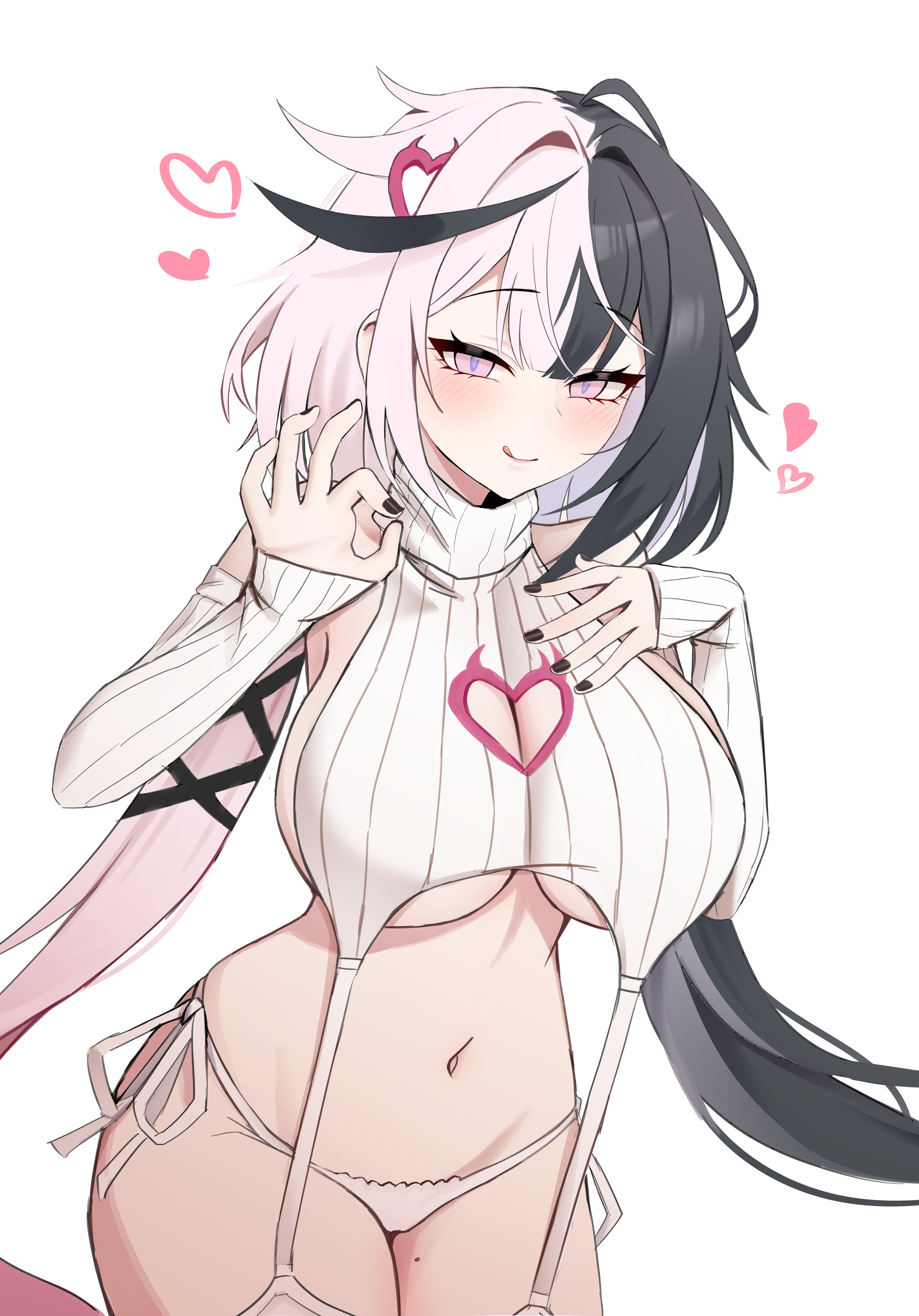 kisa (leg3043), black survival, eternal return: black survival, absurdres, highres, 1girl, bare shoulders, black hair, breasts, closed mouth, coraline (black survival), cowboy shot, detached sleeves, garter straps, heart, large breasts, long hair, long sleeves, looking at viewer, low twintails, mole, mole on thigh, multicolored hair, navel, no pants, panties, pink eyes, ribbed shirt, shirt, side-tie panties, sleeveless, sleeveless shirt, sleeveless turtleneck, smile, solo, split-color hair, stomach, turtleneck, twintails, two-tone hair, underboob, underwear, very long hair, virgin destroyer sweater, white hair, white panties