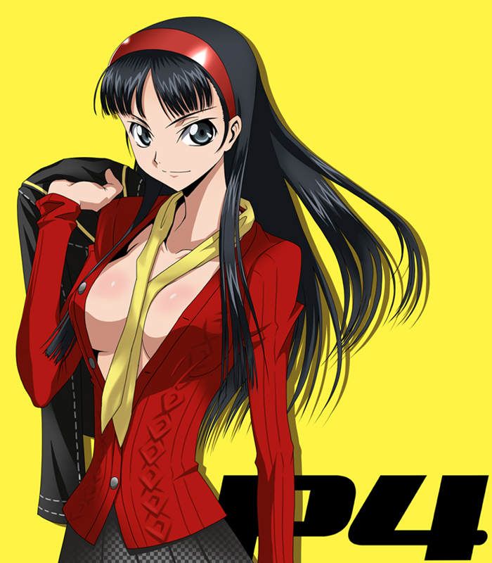 c (neta), magukappu, amagi yukiko, koshimizu ami, atlus, code geass, persona, persona 4, 1girl, aran sweater, between breasts, black hair, breasts, cable knit, cardigan, cleavage, female focus, hairband, jacket, large breasts, long hair, no bra, open clothes, open shirt, parody, shirt, sideboob, skirt, solo, style parody, sweater, voice actor connection
