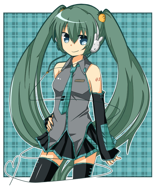 misumi (msm952), misumi (pixiv365611), hatsune miku, vocaloid, bad id, bad pixiv id, 1girl, blue eyes, bunny headphones, carrot, carrot hair ornament, detached sleeves, female focus, food-themed hair ornament, green hair, hair ornament, hand on own hip, headphones, hip focus, long hair, necktie, skirt, solo, thighhighs, twintails, very long hair, zettai ryouiki