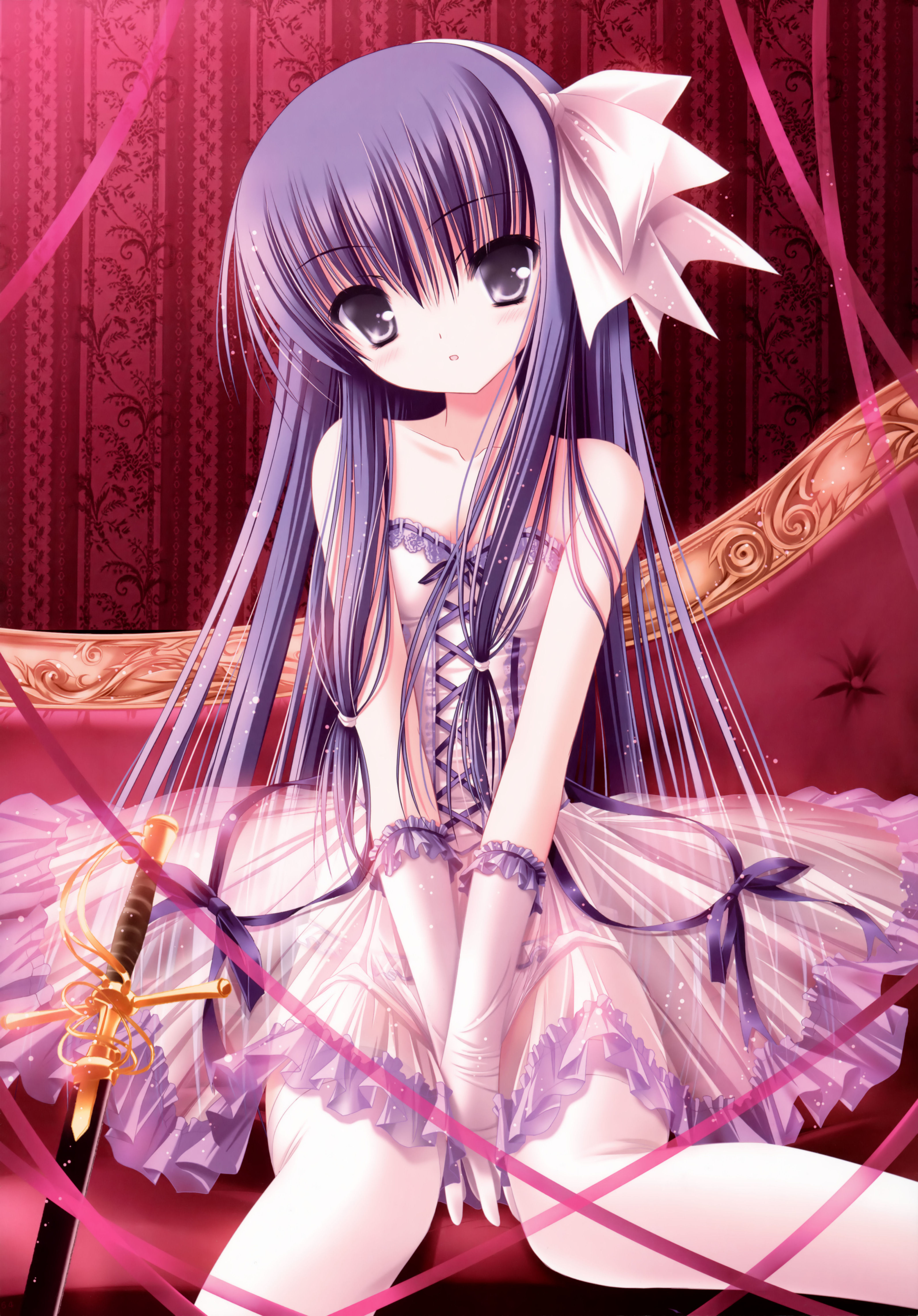tinker bell (pixiv 10956015), absurdres, highres, 1girl, bare shoulders, between thighs, blush, bustier, collarbone, couch, dress, female focus, frilled panties, frills, gloves, hair between eyes, hair ribbon, indoors, lingerie, long hair, looking at viewer, panties, purple eyes, purple hair, ribbon, see-through clothes, sitting, solo, sword, thighhighs, thighs, underwear, v arms, weapon, white thighhighs