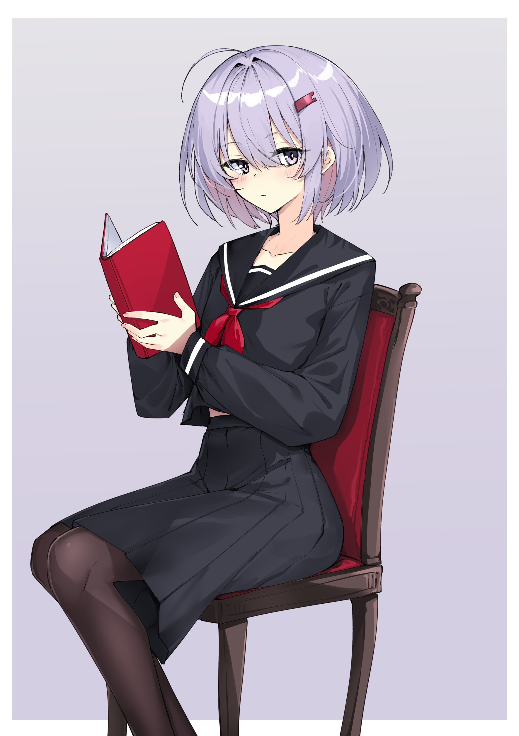 zooanime, yuzuki yukari, yuzuki yukari (shizuku), vocaloid, voiceroid, absurdres, commentary request, highres, 1girl, ahoge, black sailor collar, black serafuku, black shirt, black skirt, blush, book, border, brown pantyhose, chair, closed mouth, collarbone, feet out of frame, gradient background, grey background, hair between eyes, hair ornament, hairclip, high-waist skirt, holding, holding book, long sleeves, looking at viewer, midriff peek, neckerchief, on chair, open book, pantyhose, pleated skirt, purple background, purple eyes, purple hair, red neckerchief, sailor collar, school uniform, serafuku, shirt, short hair, sidelocks, simple background, sitting, skirt, solo, white border
