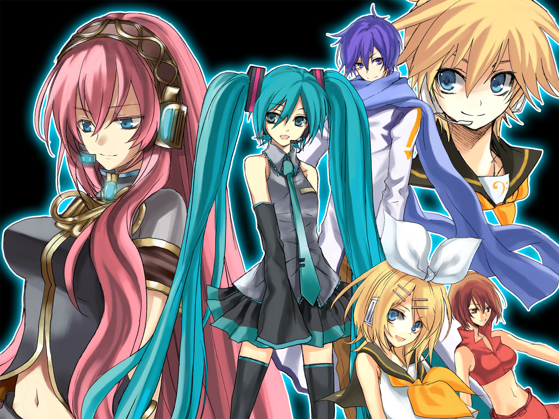 758 (pixiv11263), nagoya uzuki, hatsune miku, kagamine len, kagamine rin, kaito (vocaloid), megurine luka, meiko (vocaloid), vocaloid, bad id, bad pixiv id, 2boys, 4girls, aqua hair, blue scarf, detached sleeves, headset, midriff, multiple boys, multiple girls, scarf, thighhighs, twintails