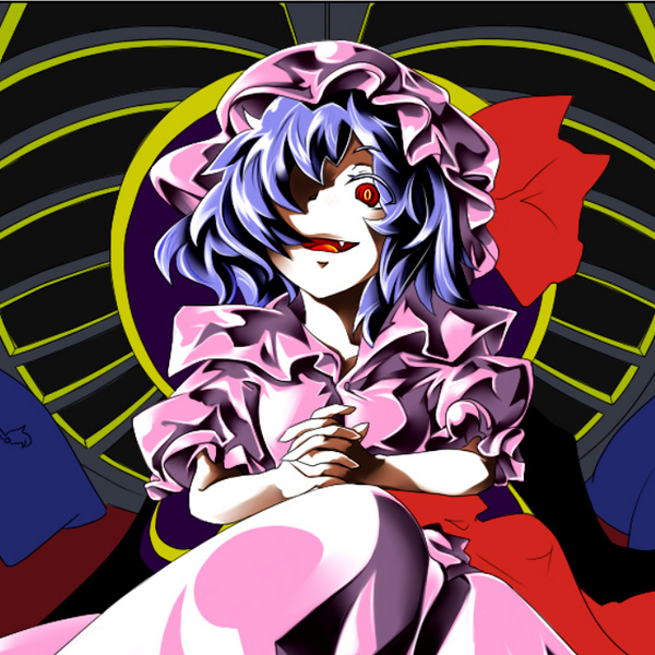 amagi xx, amaki someichi, remilia scarlet, touhou, bad id, bad pixiv id, 1girl, blue hair, fang, female focus, hair over one eye, red eyes, short hair, solo
