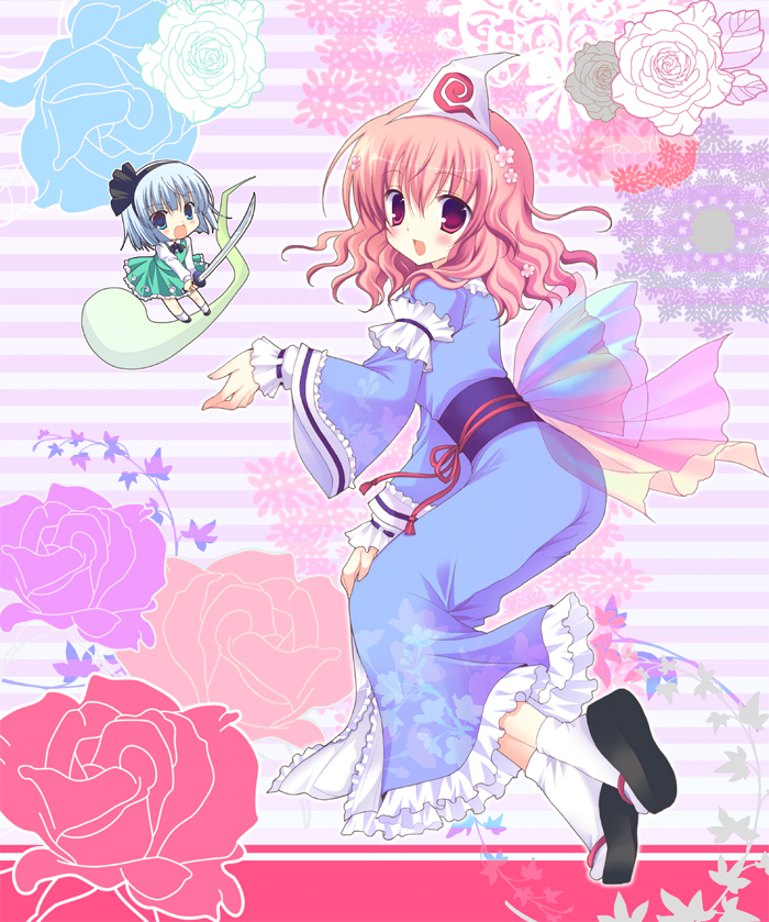 shirogane hina, konpaku youmu, konpaku youmu (ghost), saigyouji yuyuko, touhou, 2girls, chibi, female focus, flower, multiple girls