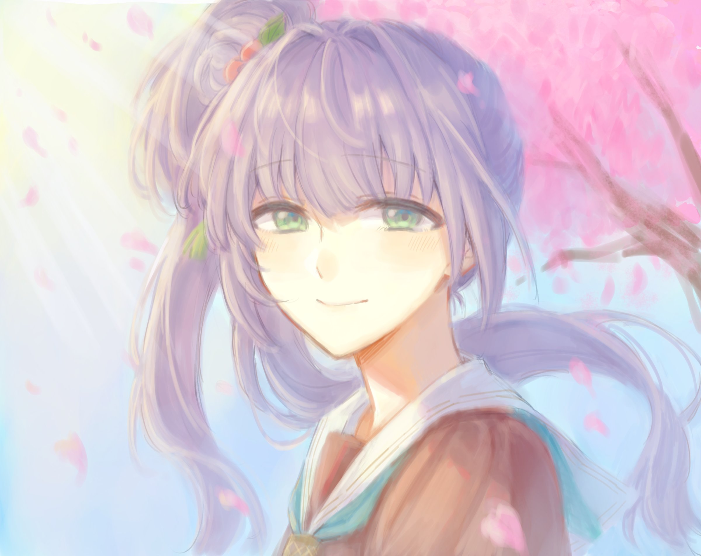 zenma trang, otomune kozue, link! like! love live!, love live!, highres, 1girl, aqua neckerchief, cherry blossoms, dress, flower, green eyes, hair bun, hair flower, hair ornament, hasu no sora school uniform, long hair, looking at viewer, neckerchief, purple hair, sailor collar, sailor dress, school uniform, side ponytail, single side bun, white sailor collar, winter uniform