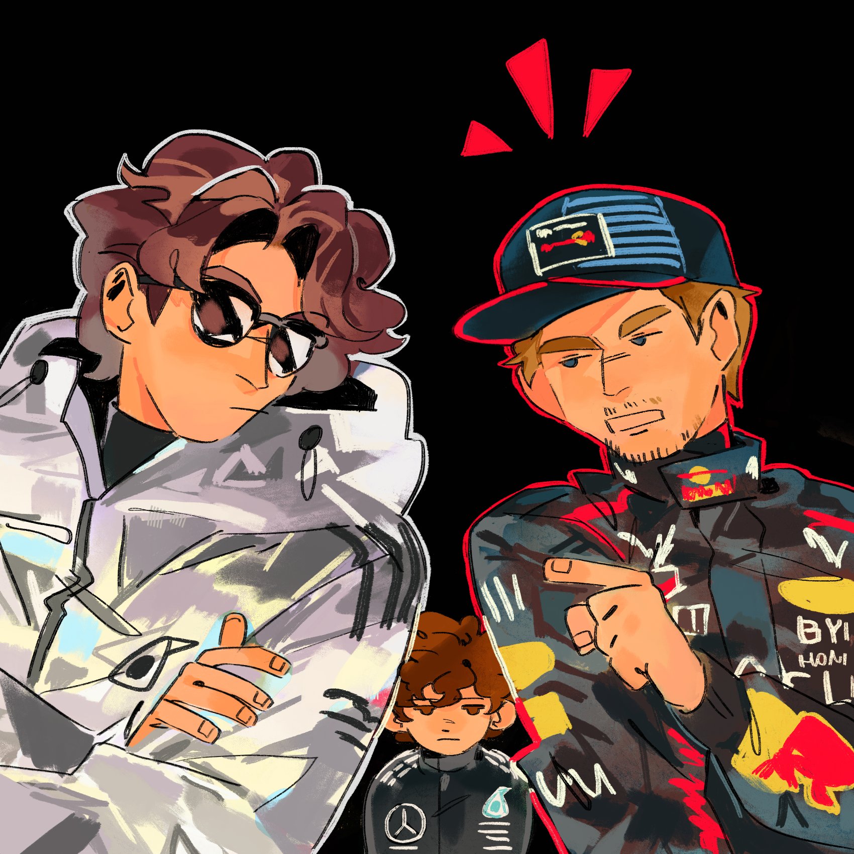 max verstappen, formula one, real life, red bull, commentary, english commentary, highres, 3boys, andrea kimi antonelli, baseball cap, black background, black racing suit, blue eyes, blue hat, brown eyes, brown hair, closed mouth, crossed arms, facial hair, george russell, grey jacket, hat, hood, hood down, hooded jacket, jacket, jitome, long sleeves, looking at another, male focus, multiple boys, open mouth, pointing, pointing at another, racing suit, rectangular mouth, short hair, simple background, sog goog, sunglasses