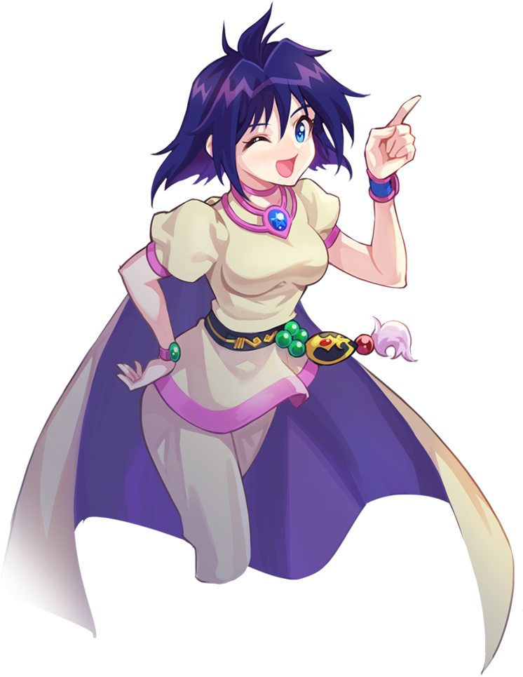 amelia wil tesla seyruun, nexon, slayers, tales weaver, artist request, official art, second-party source, 1girl, ;d, belt, black belt, blue eyes, blue gemstone, breasts, cape, choker, eyelashes, gem, green gemstone, hand on own hip, looking at viewer, medium breasts, medium hair, narrow waist, one eye closed, open mouth, pants, pink choker, pointing, pointing up, puffy short sleeves, puffy sleeves, purple cape, purple hair, red gemstone, shirt, short sleeves, simple background, skinny, smile, solo, transparent background, two-sided cape, two-sided fabric, wristband, yellow cape, yellow pants, yellow shirt