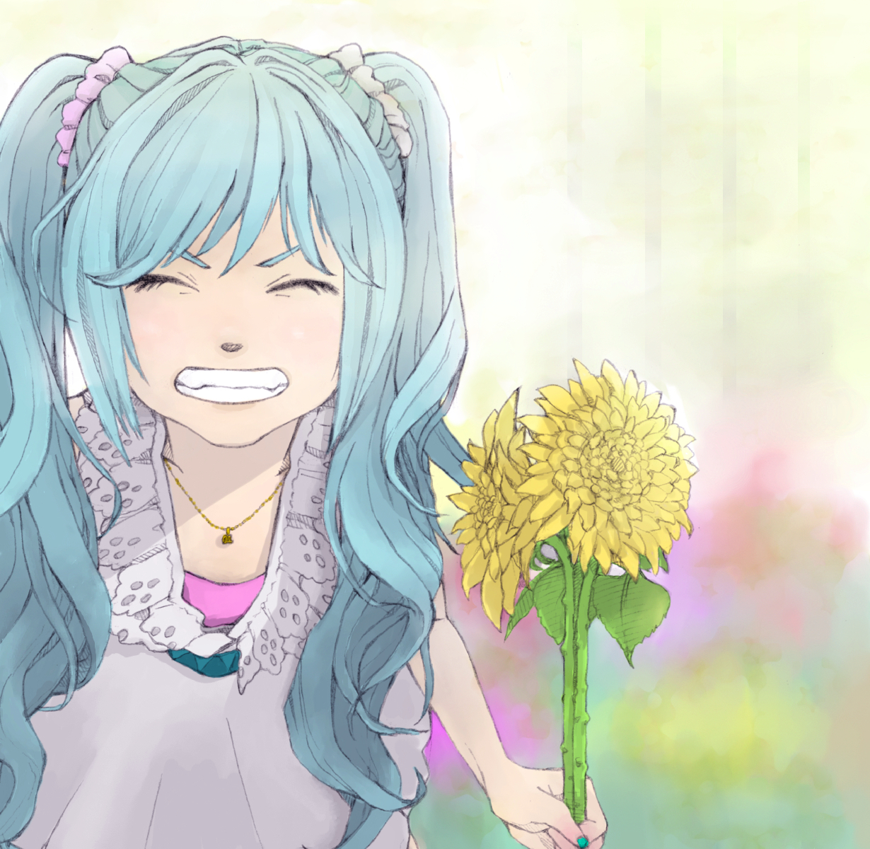 renana (yamasan4649), yamasan (pixiv196093), hatsune miku, vocaloid, bad id, bad pixiv id, highres, 1girl, blue hair, closed eyes, female focus, flower, grin, jewelry, necklace, smile, solo, sunflower, twintails