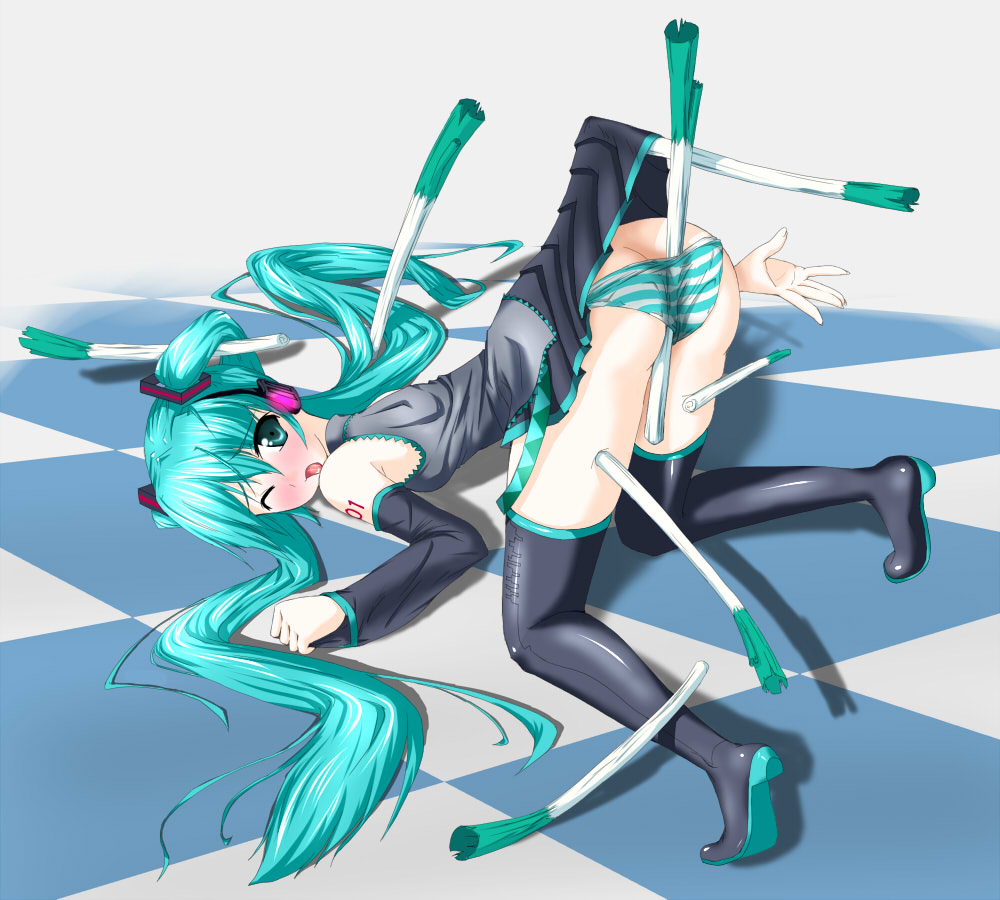 cadia, totose manaka, hatsune miku, vocaloid, 1girl, all fours, aqua hair, bare shoulders, blush, clothes lift, detached sleeves, dress, dress lift, female focus, food, green eyes, long hair, one eye closed, open mouth, panties, pantyshot, skirt, solo, spring onion, striped clothes, striped panties, thighhighs, top-down bottom-up, twintails, underwear, upskirt, vegetable, very long hair, wink