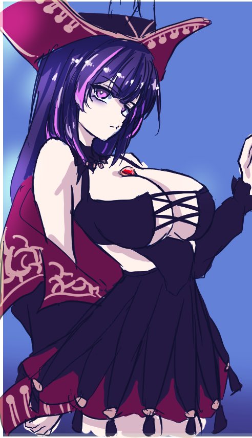 shima080, azur lane, 1girl, black dress, breasts, cleavage, closed mouth, dress, hat, jewelry, large breasts, long hair, looking at viewer, multicolored hair, pink hair, pink streaks, pirate hat, purple eyes, purple hair, queen anne's revenge (azur lane), sketch, solo