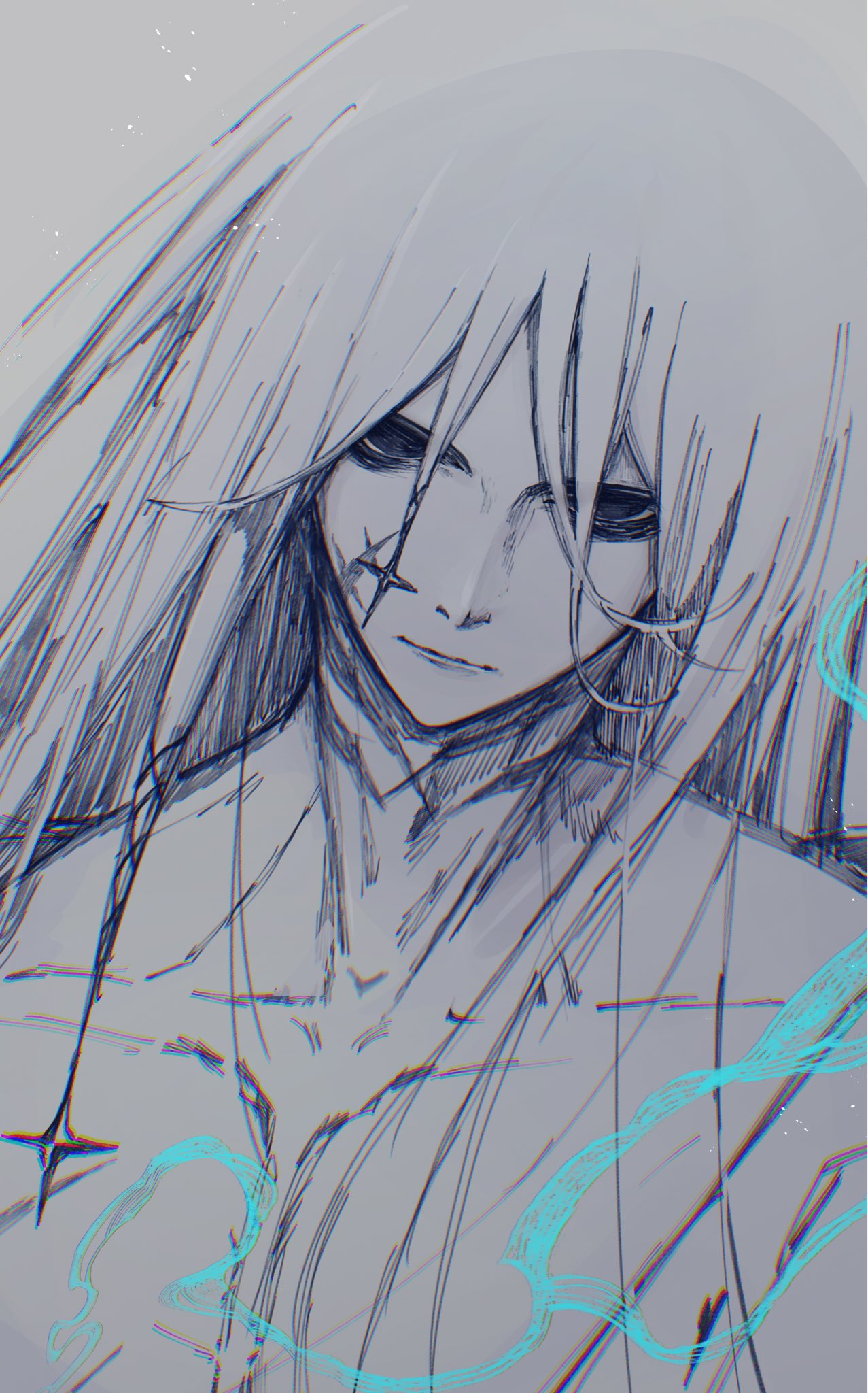 fate/grand order, fate (series), highres, 1boy, azrael (grand assassin) (fate), bags under eyes, facial scar, greyscale, hair between eyes, hair ornament, jun canopus, long hair, looking at viewer, male focus, monochrome, scar, scar on cheek, scar on face, solo, spot color, upper body