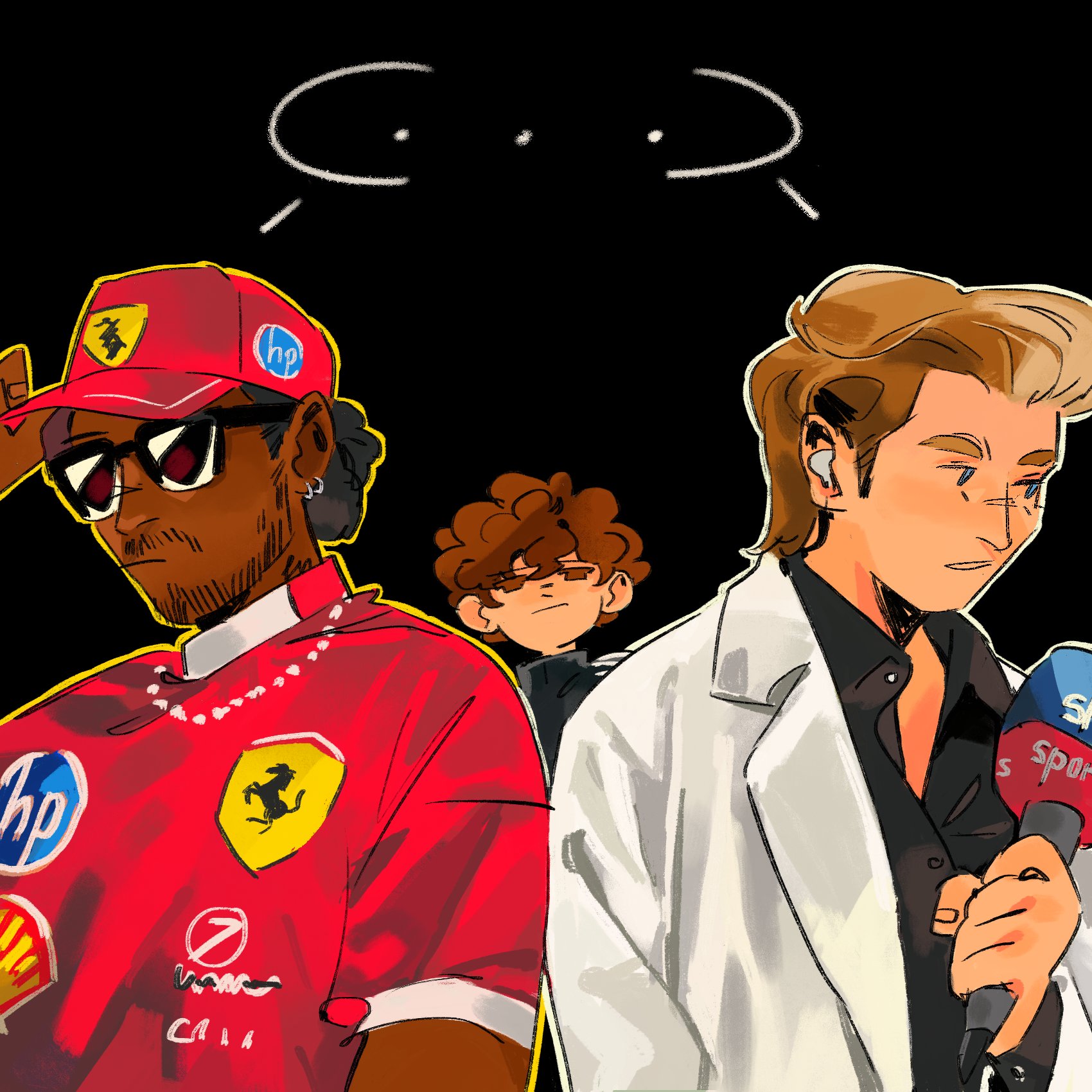 lewis hamilton, nico rosberg, ferrari, formula one, real life, commentary, english commentary, highres, …, 3boys, andrea kimi antonelli, averting eyes, baseball cap, black background, black hair, black shirt, blue eyes, brown eyes, brown hair, closed mouth, collared coat, dark-skinned male, dark skin, earrings, facial hair, hat, hewlett-packard, holding, holding microphone, jacket, jewelry, male focus, microphone, multiple boys, open clothes, open jacket, red hat, red shirt, shirt, short hair, short sleeves, simple background, sog goog, speech bubble, spoken ellipsis, sunglasses, white jacket