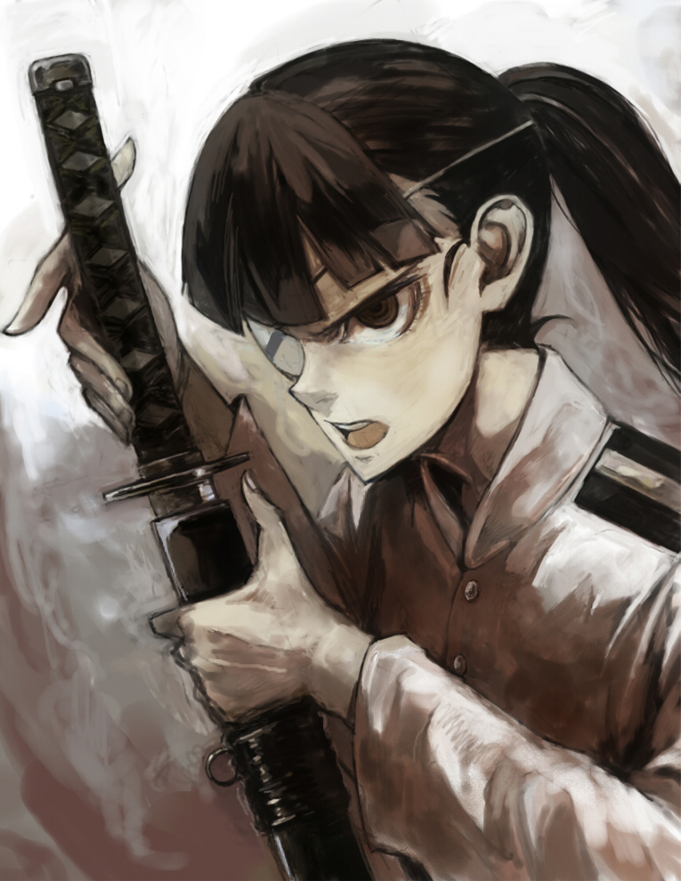 shrimpman, sakamoto mio, strike witches, world witches series, uniform, bad id, bad pixiv id, 00s, 1girl, artistic error, black hair, brown eyes, eyepatch, female focus, katana, long hair, ponytail, sheath, solo, sword, unsheathing, weapon