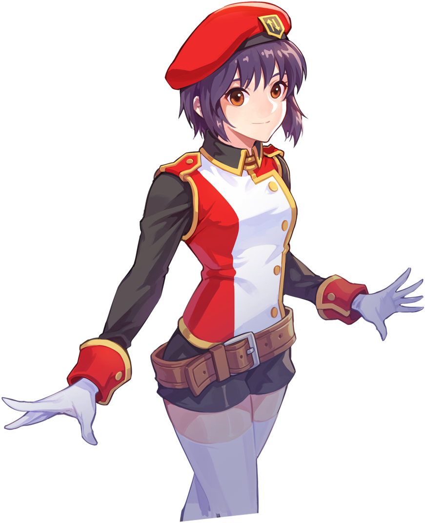 ispin charles, nexon, tales weaver, artist request, official art, second-party source, 1girl, badge, belt, belt buckle, beret, black hair, black shirt, black shorts, black sleeves, breasts, brown belt, buckle, buttons, closed mouth, collared shirt, cropped legs, food, gloves, gold buttons, hat, jacket, large belt, loose belt, medium breasts, medium hair, military hat, military uniform, open hands, plain epaulettes, red hat, red jacket, shirt, shorts, simple background, sleeve cuffs, sleeveless, sleeveless jacket, smile, solo, split mouth, thighhighs, transparent background, walking, white gloves, white jacket, white thighhighs, wing collar, yellow eyes, yellow trim