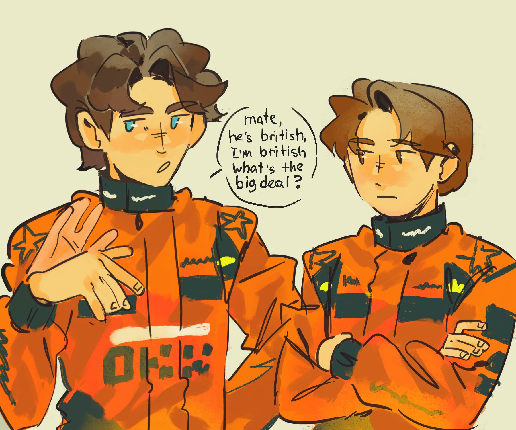 formula one, real life, commentary, english commentary, highres, 2boys, afterimage, blue eyes, brown eyes, brown hair, closed mouth, crossed arms, english text, george russell, jitome, long sleeves, looking at another, male focus, multiple boys, open mouth, orange racing suit, oscar piastri, racing suit, short hair, simple background, sog goog, speech bubble, talking, upper body