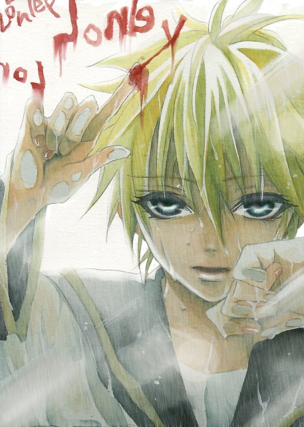 hakuseki, kagamine len, vocaloid, 1boy, against glass, aqua eyes, blonde hair, blood, english text, engrish text, male focus, mirrored text, necktie, rain, ranguage, sad, short hair, solo, yandere