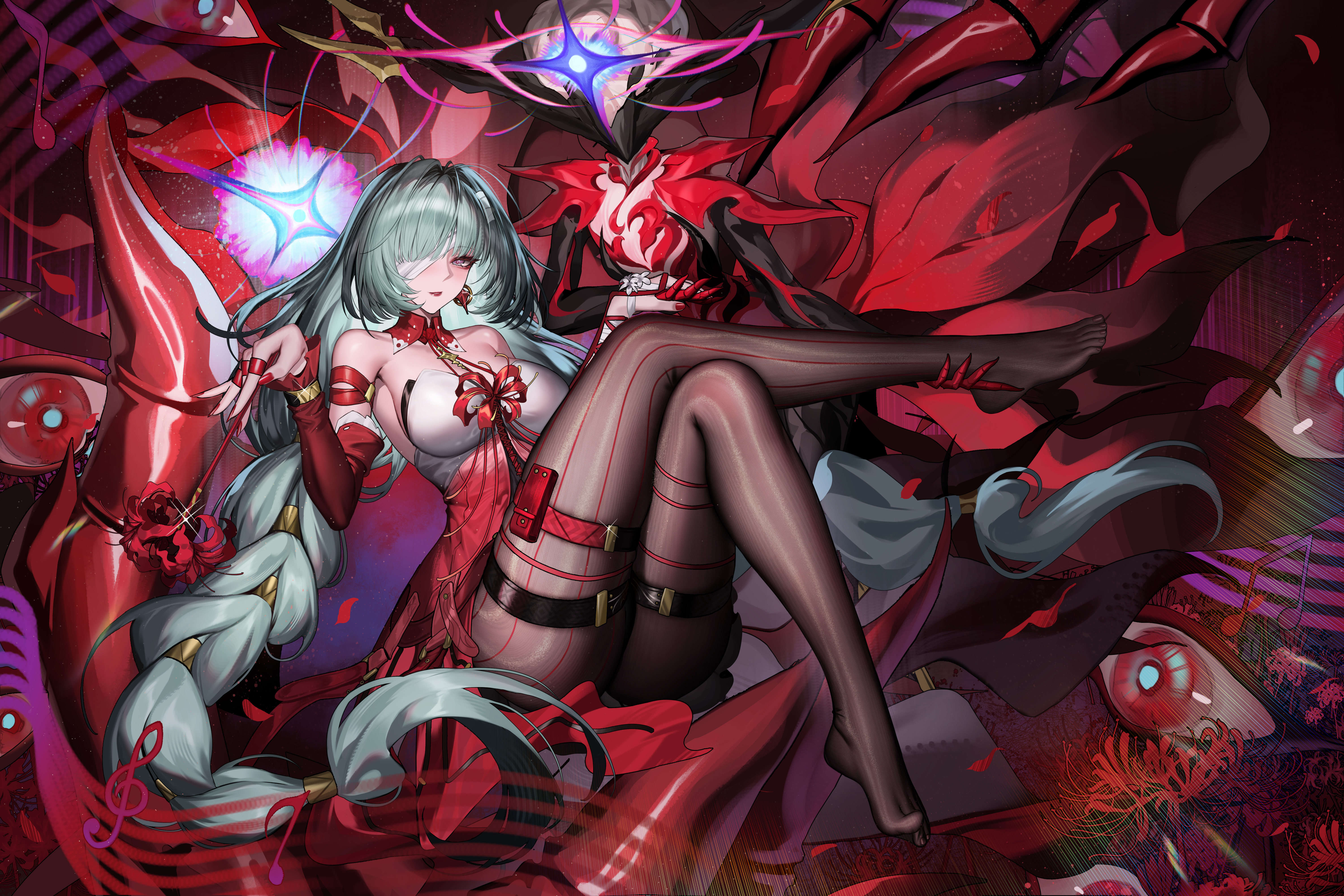 rib (rib delesetong), phrolova (wuthering waves), wuthering waves, absurdres, commentary, highres, 1girl, alternate breast size (larger), bandage over one eye, bare shoulders, black pantyhose, blush, braid, breasts, closed mouth, crossed legs, detached sleeves, dress, earrings, fingernails, flower, full body, grey eyes, grey hair, halter dress, halterneck, hecate (wuthering waves), holding, holding flower, jewelry, large breasts, long hair, looking at viewer, low twin braids, nail polish, no shoes, pantyhose, red dress, red nails, single detached sleeve, spider lily, tacet discord (wuthering waves), toes, twin braids, very long hair