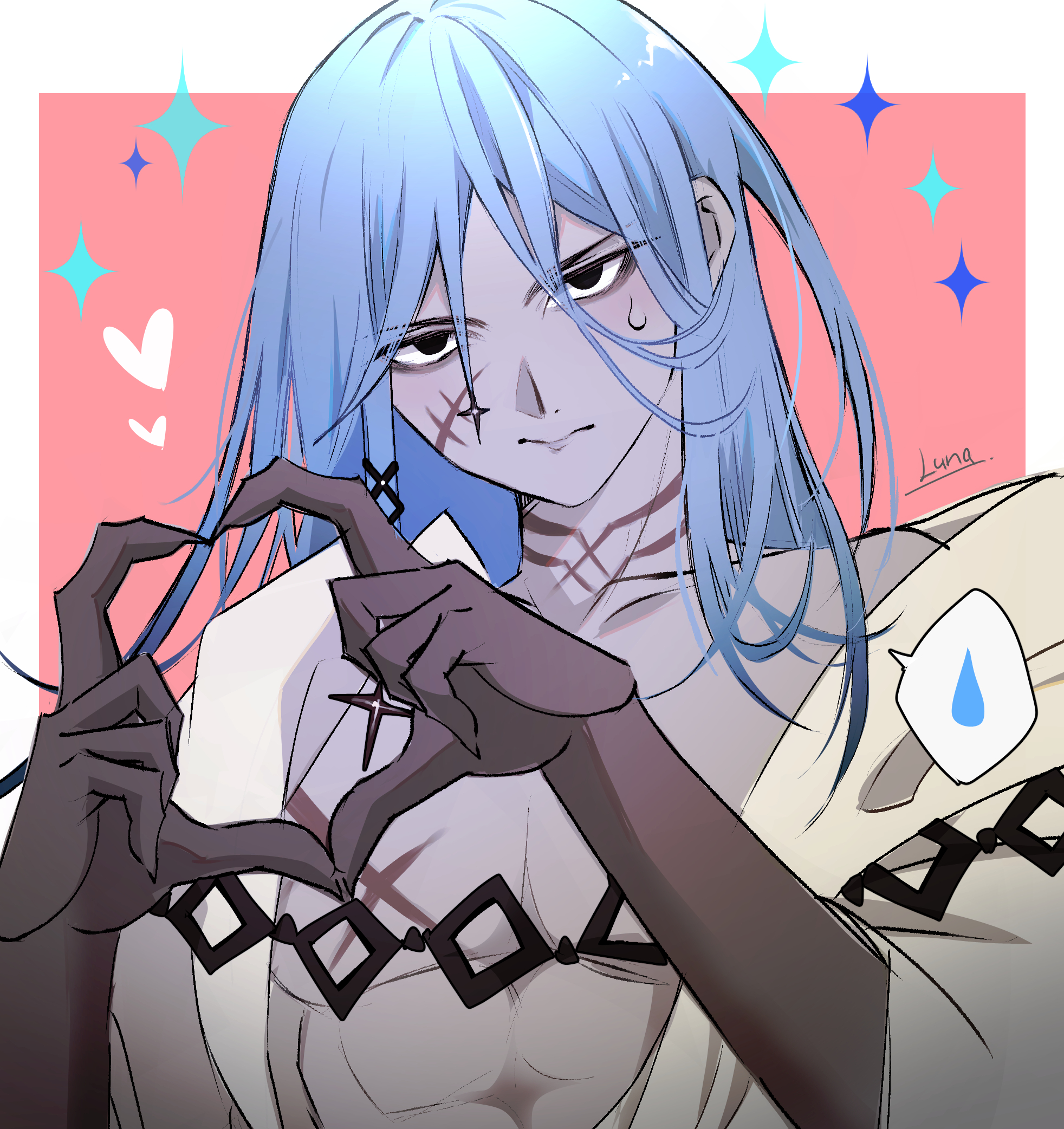 lunarose, fate/grand order, fate (series), highres, 1boy, azrael (grand assassin) (fate), bags under eyes, black eyes, blue hair, colored skin, facial scar, grey skin, hair between eyes, hair ornament, heart, heart hands, long hair, looking at viewer, male focus, pectorals, pink background, robe, scar, scar on cheek, scar on chest, scar on face, scar on neck, solo, spoken sweatdrop, sweatdrop, upper body, white robe