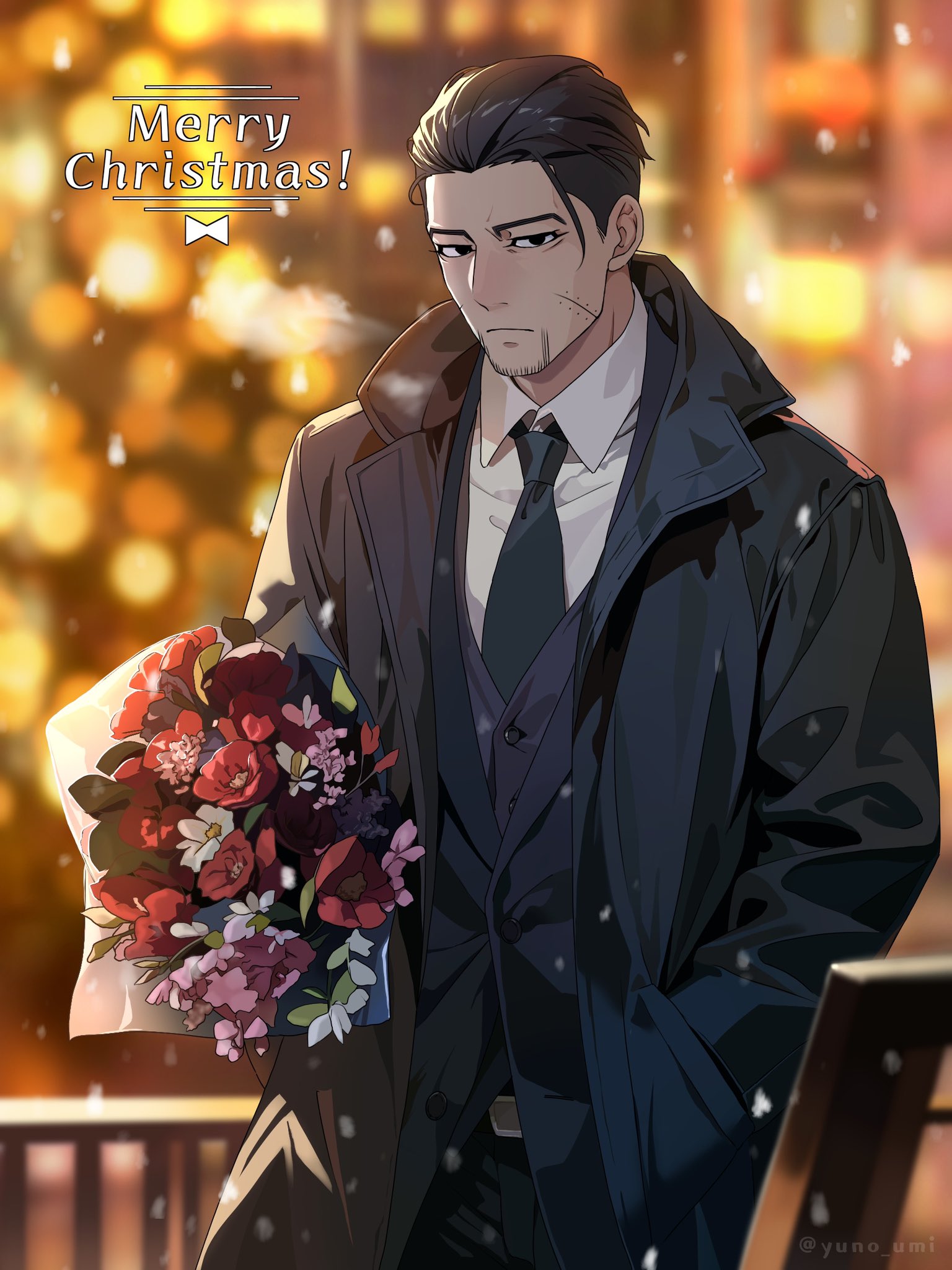 washiko (rasuko), ogata hyakunosuke, golden kamuy, commentary request, highres, 1boy, black coat, black eyes, black hair, blurry, blurry background, bouquet, breath, closed mouth, coat, collared shirt, contemporary, facial hair, facial scar, flower, goatee stubble, holding, holding bouquet, looking at viewer, male focus, merry christmas, necktie, railing, scar, scar on cheek, scar on face, shirt, snowing, solo, stubble, white shirt, winter