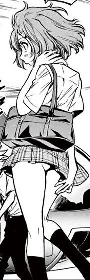 non-web source, 1girl, ahoge, ass peek, back, bag, black socks, chousuinou kei, collared shirt, cowboy shot, hair ornament, hairpin, holding, kinoshita maori, looking ahead, miniskirt, plaid clothes, plaid skirt, pleated skirt, school bag, school uniform, shirt, short hair, short sleeves, skirt, skirt tug, socks, solo, standing