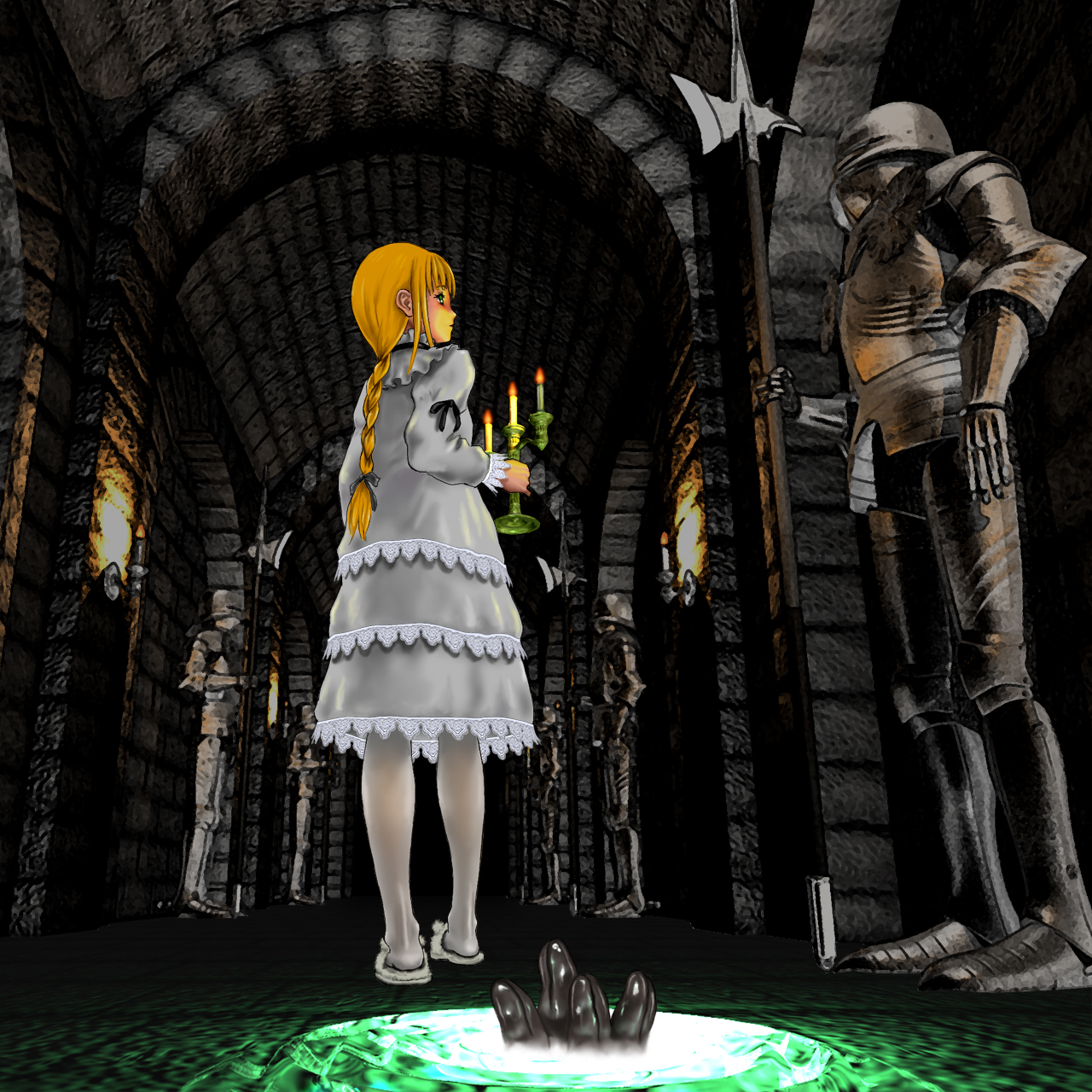 dondo, original, white legwear, highres, 1girl, 3d, armor, blonde hair, braid, candle, female focus, solo, tentacles